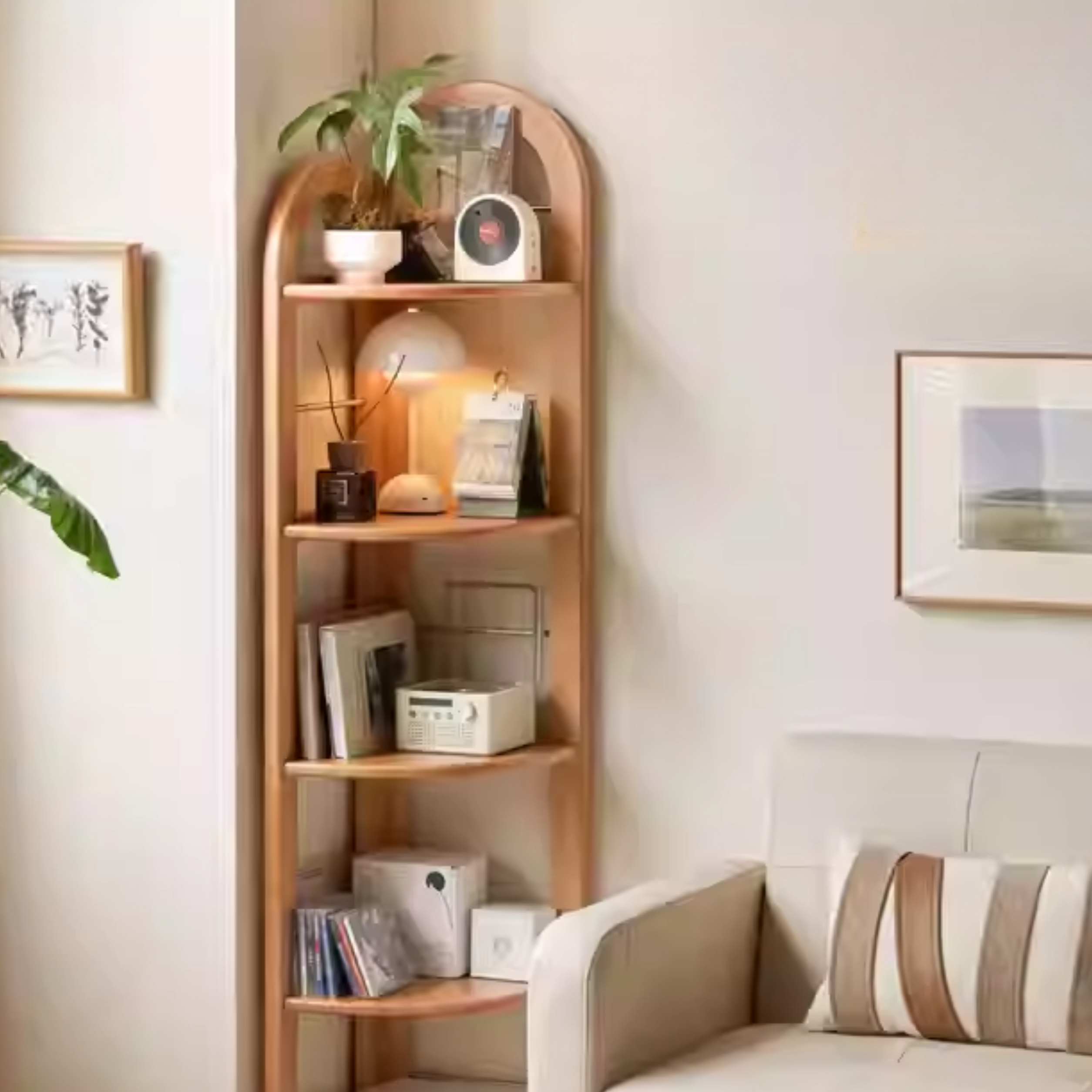 European Beech Solid Wood Corner Bookshelf.