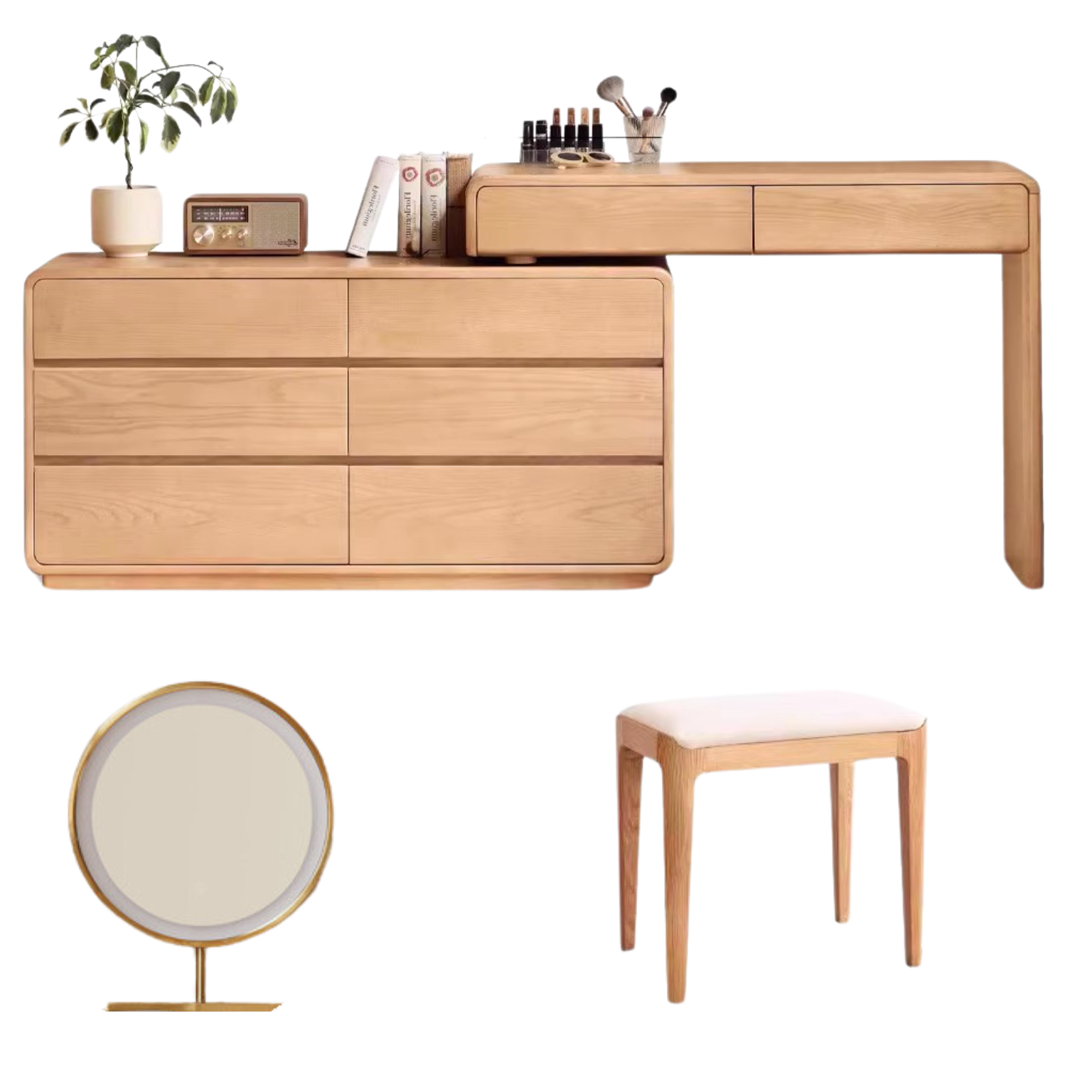 Ash Solid Wood Telescopic Dressing Table Integrated Storage.