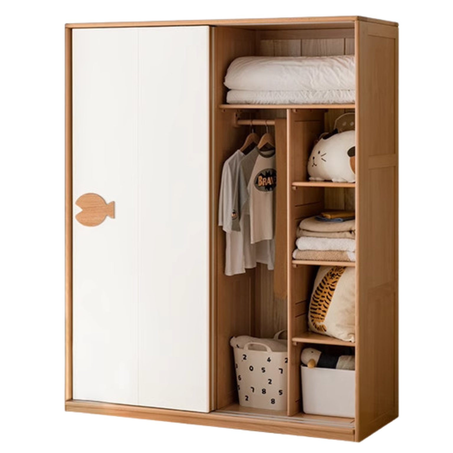 Oak Solid Wood Children's Sliding Door Wardrobe Storage Cabinet