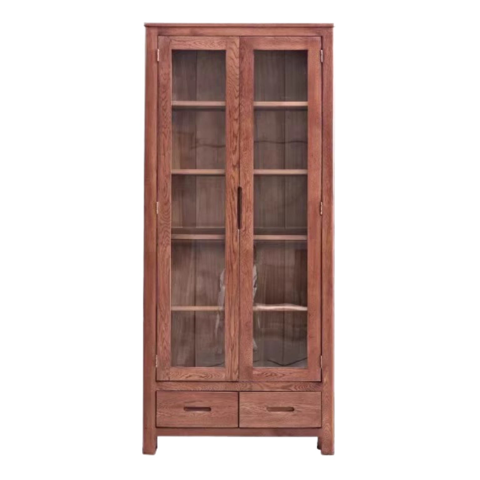 Oak, Solid Rubberwood Modern Bookcase with Glass Door Display Cabinet