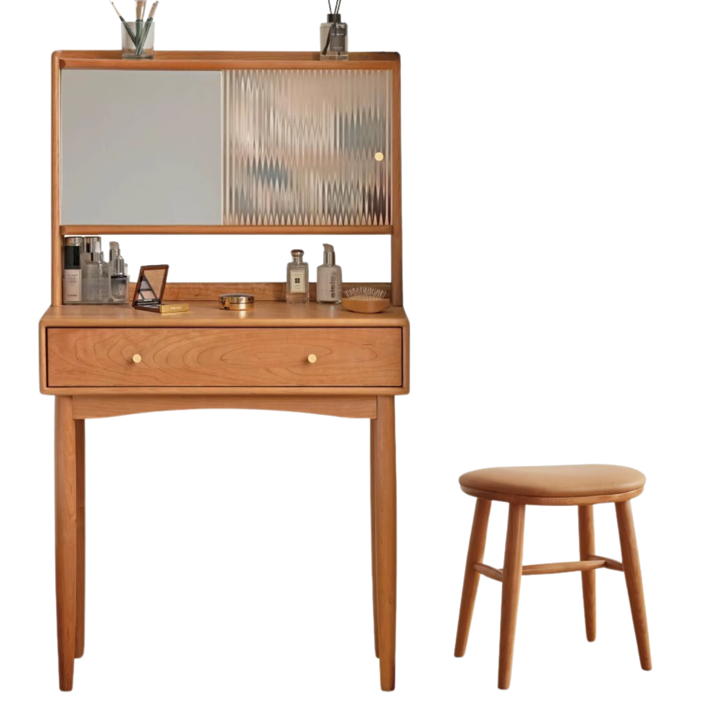Cherry, Birch Solid Wood Multi-Functional Storage Vanity Table.