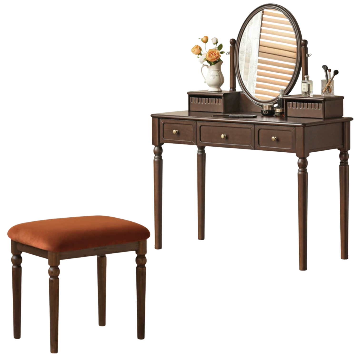 Poplar Solid Wood American Retro Style Vanity Table with Makeup Mirror