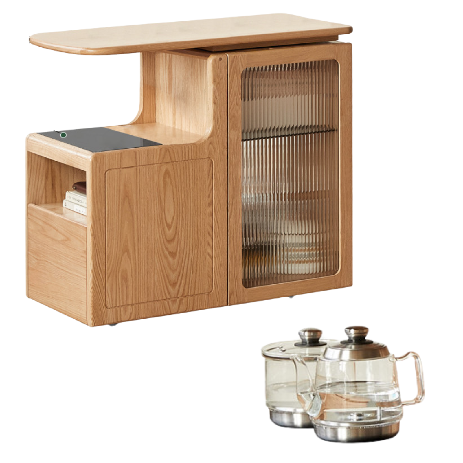 Oak, Black Walnut Solid Wood Movable Tea Cabinet With Tea Maker