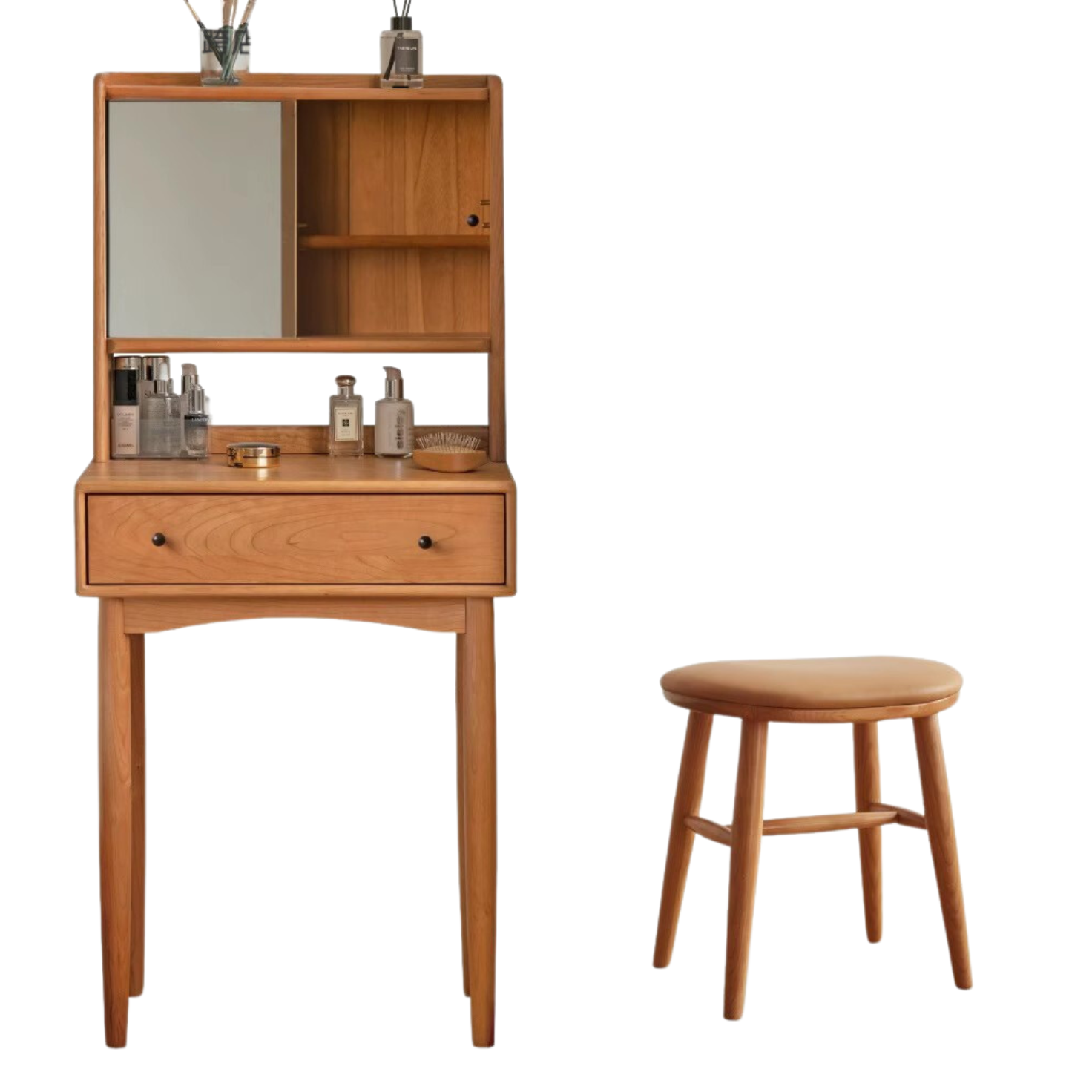 Cherry, Birch Solid Wood Multi-Functional Storage Vanity Table.