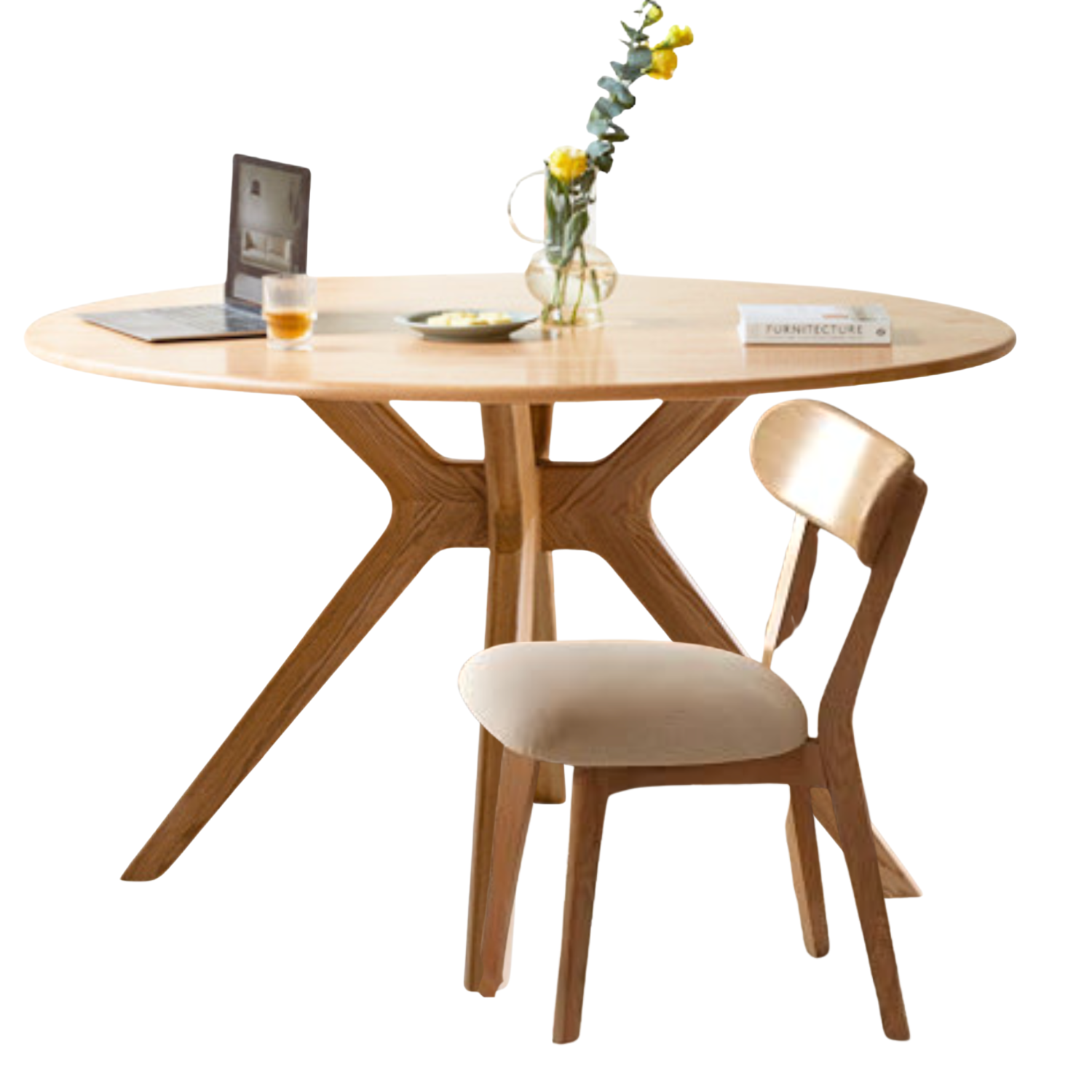 Black Walnut, Oak Solid Wood Round Dining Table with X-Shape Crossed Legs