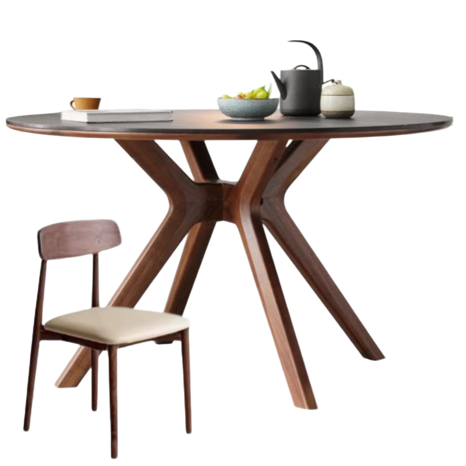 Black Walnut Solid Wood Rock Board Round Table With Turntable