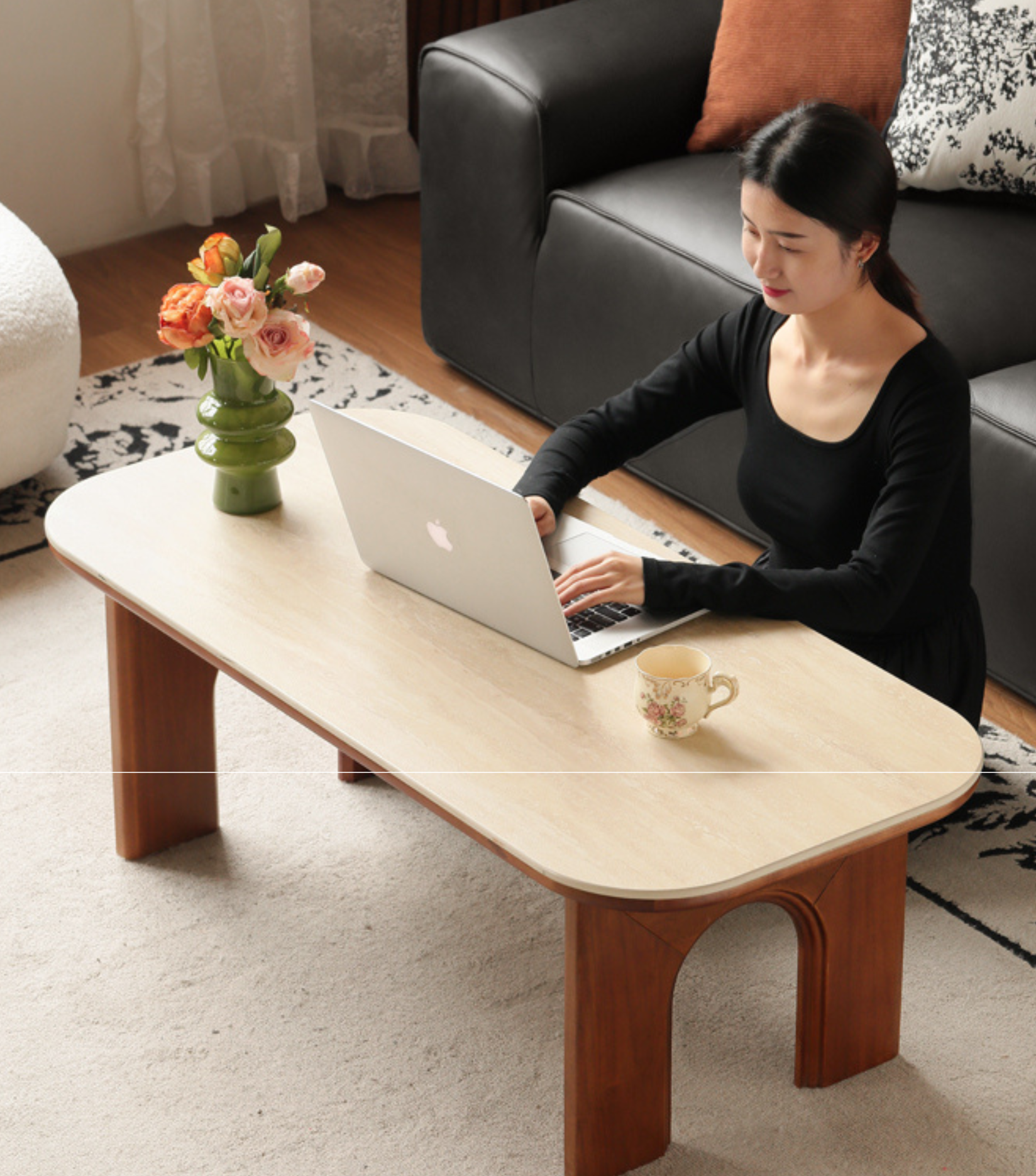 Poplar Solid Wood French Retro Rock Plate Coffee Table.