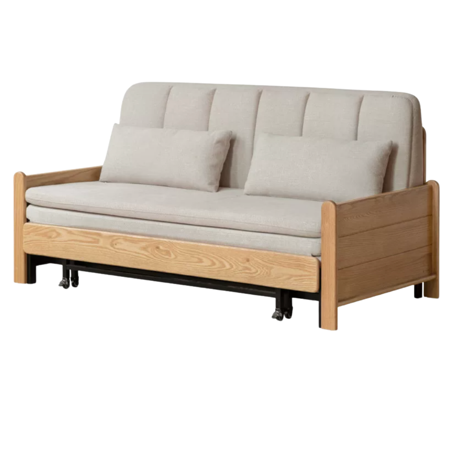 Ash, Oak Solid Wood Sleeper Sofa with Solid Wood Armrests and Built-In Wheels