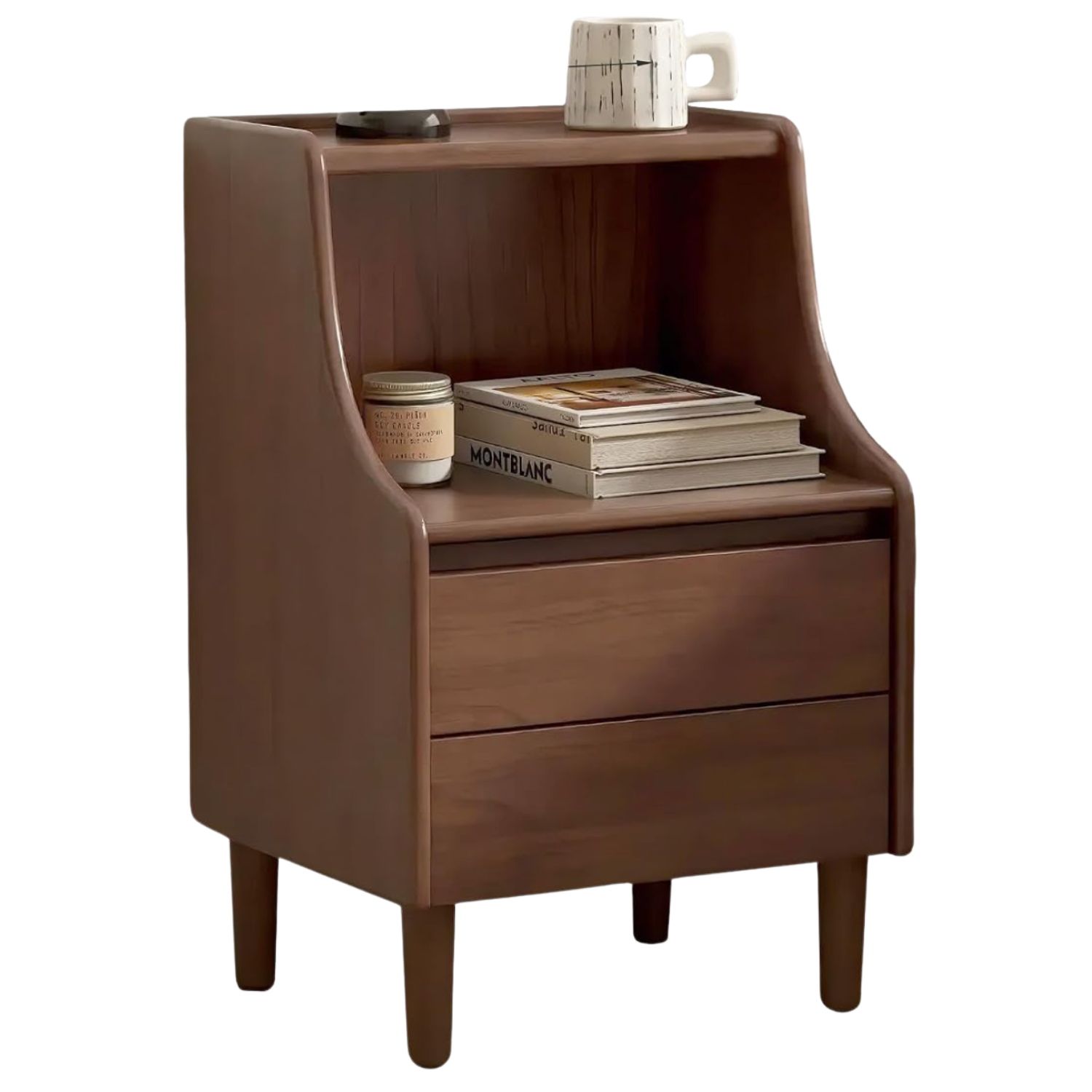 Solid RubberWood, Oak Solid Wood Nightstand with Glass Door with Storage