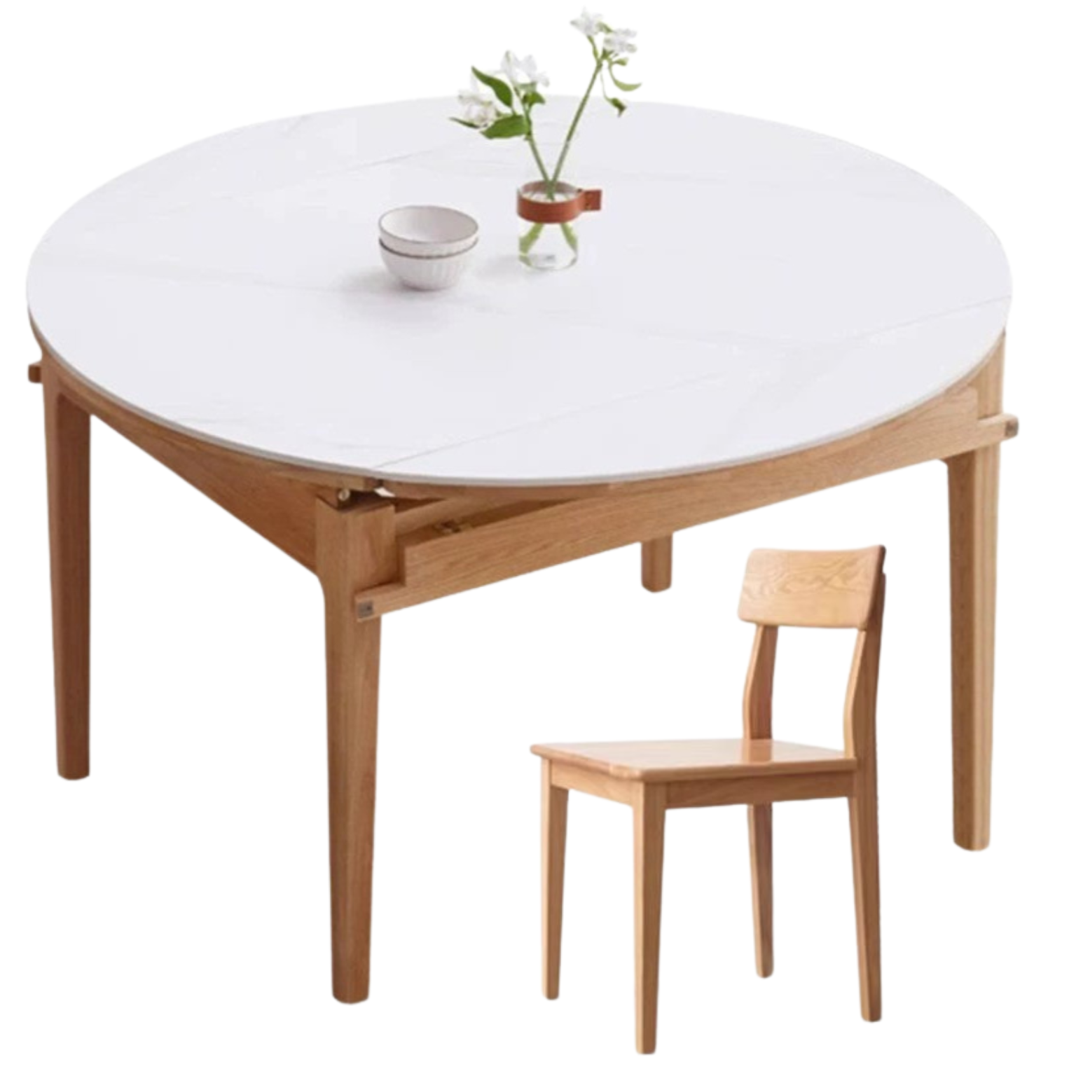 Solid Rubberwood, Oak Solid Wood Folding Round Retractable Dining Table