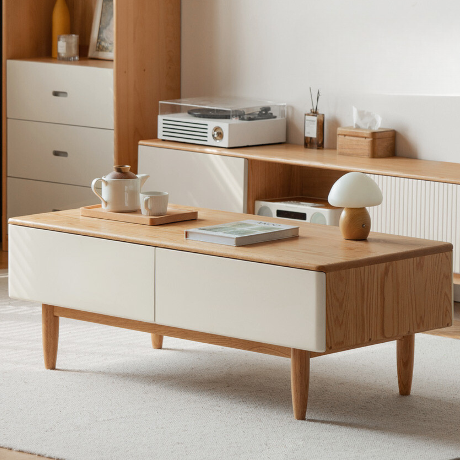 Oak Solid Wood Modern Coffee Table With Drawer
