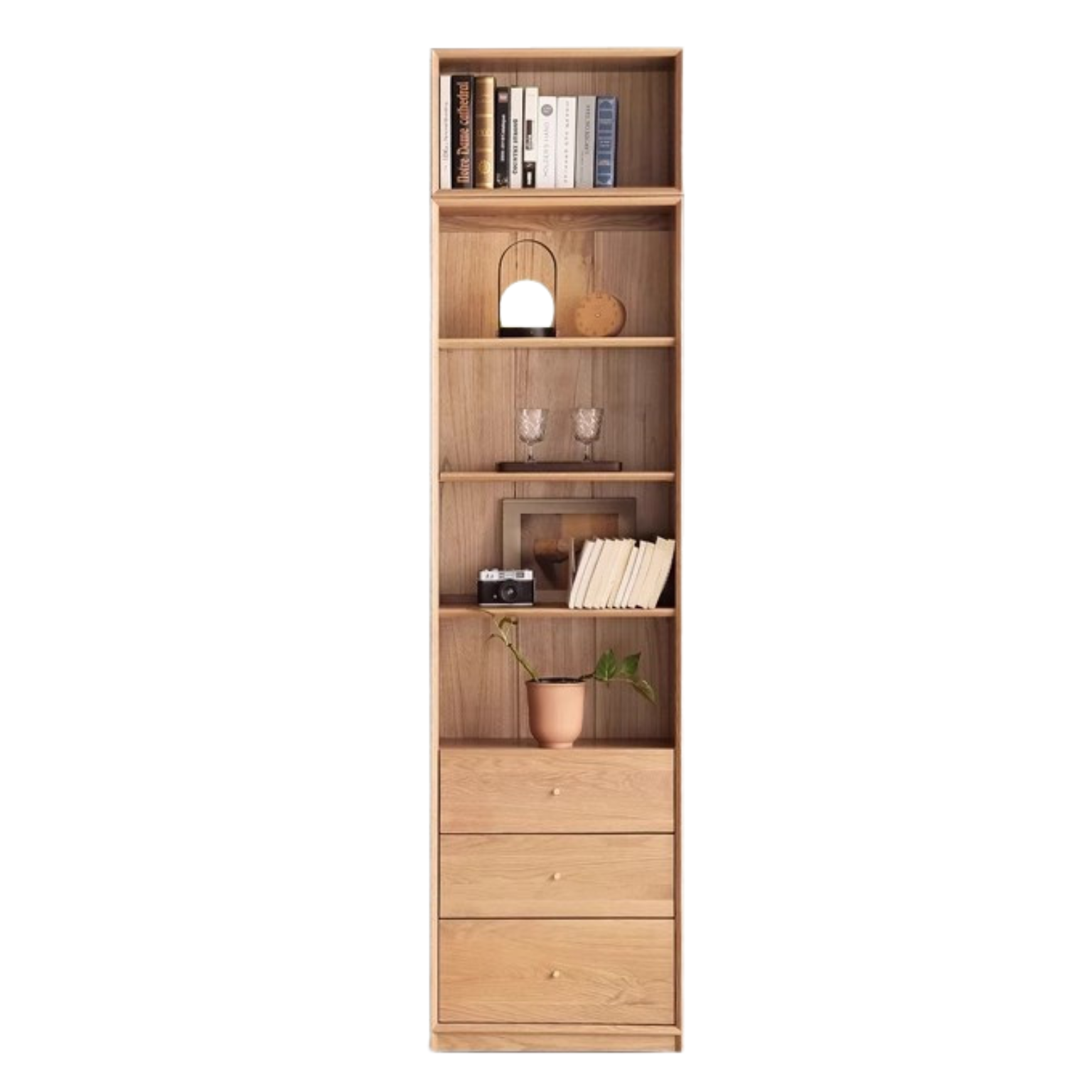 Oak Solid Wood Nordic Style Bookshelf with Floor Storage Cabinet