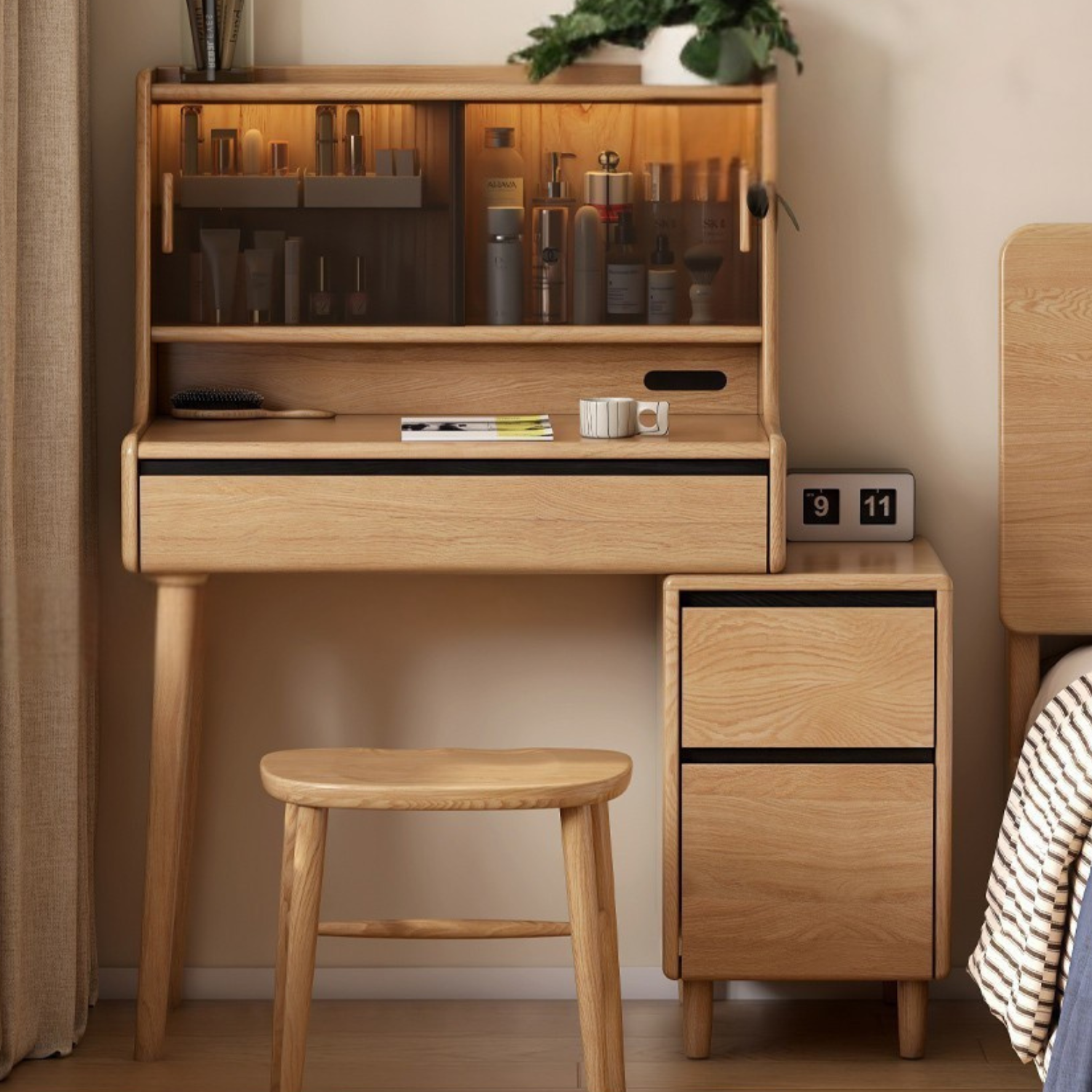 Oak, Ash Solid Wood Vanity Table with Shelf.
