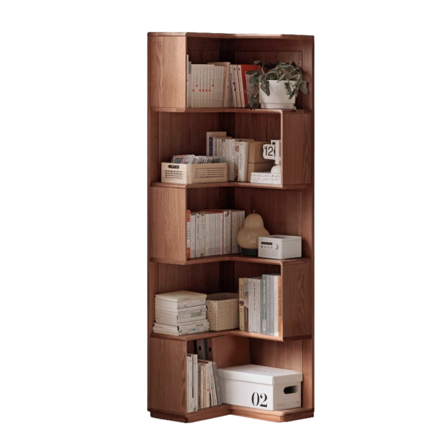 Oak Solid Wood Corner Bookshelf with Floor-Standing Storage Cabinet