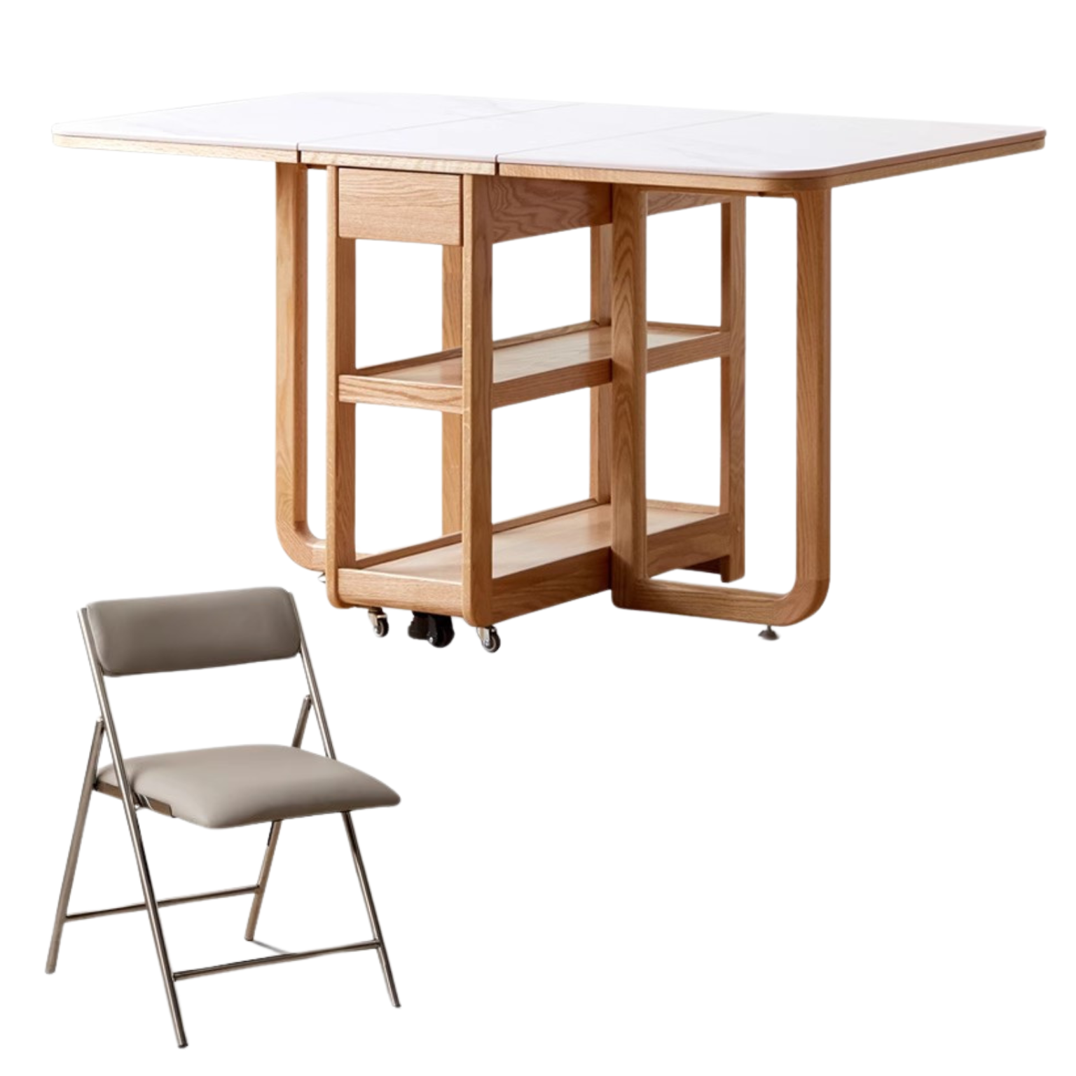 Oak Solid Wood Folding Multi-Functional Storage Telescopic Dining Table