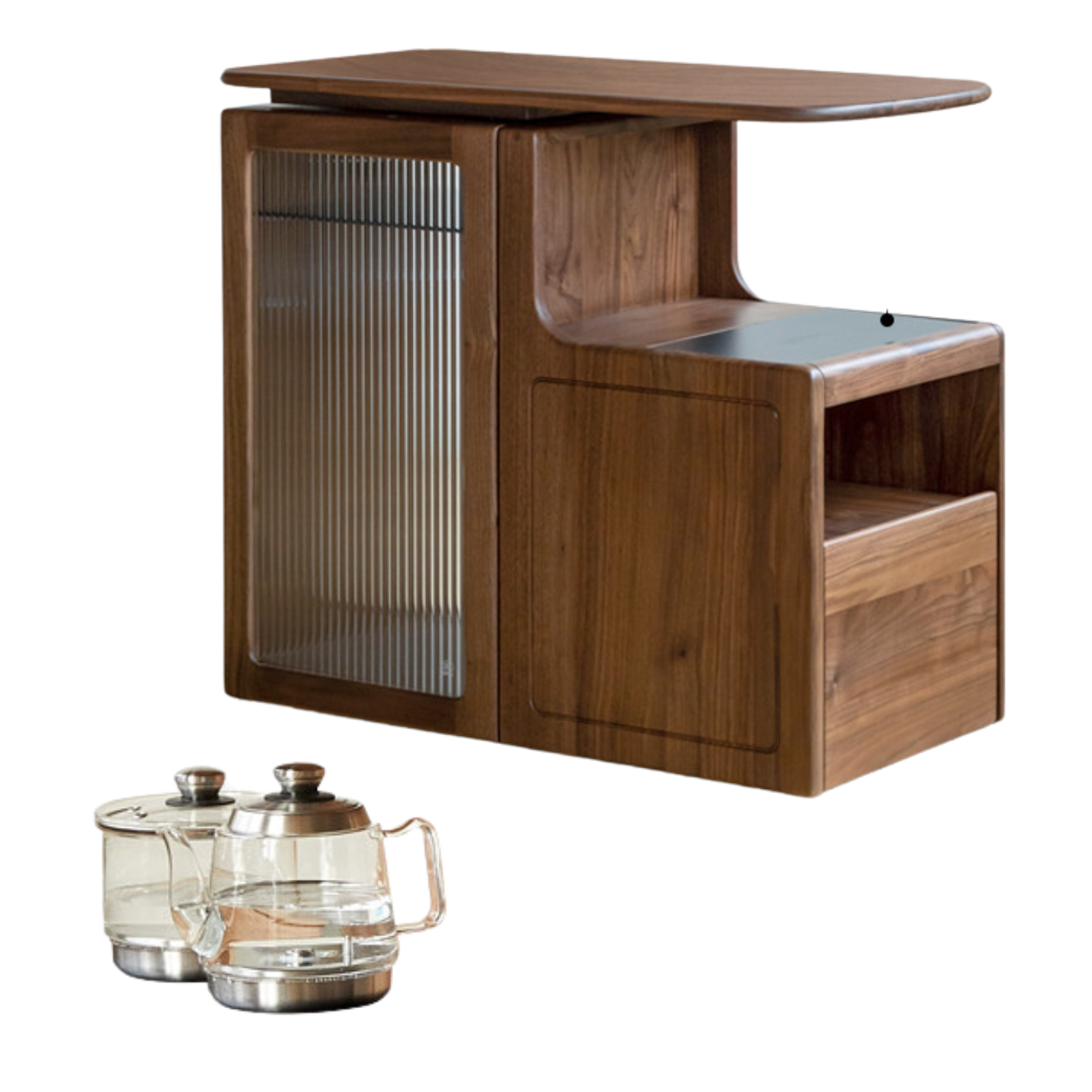 Oak, Black Walnut Solid Wood Movable Tea Cabinet With Tea Maker