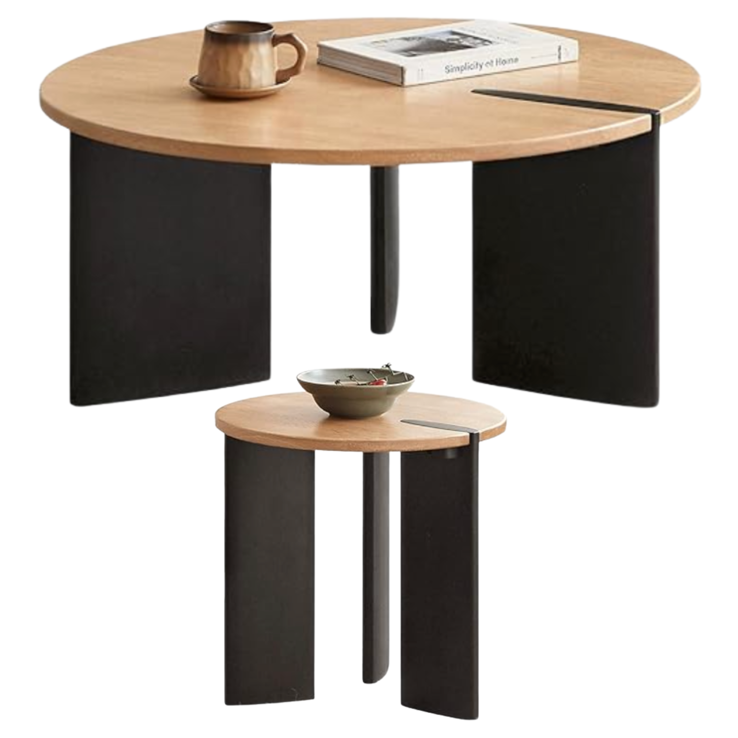 Oak Solid Wood Round Two-Tone Wood Nesting Coffee Table Set with Triangular Black Legs