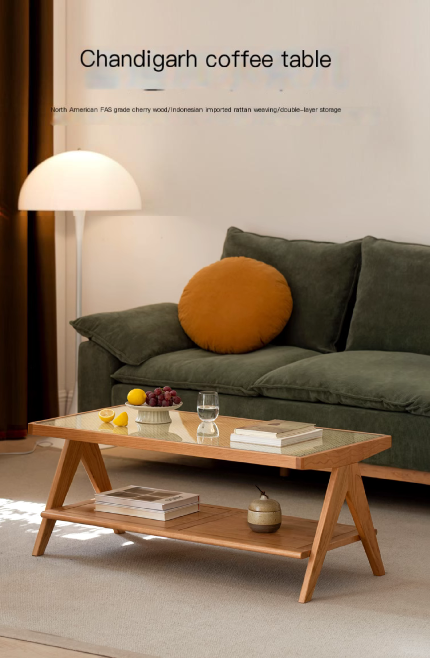 Cherry Solid Wood Modern Rattan Glass Tea Table