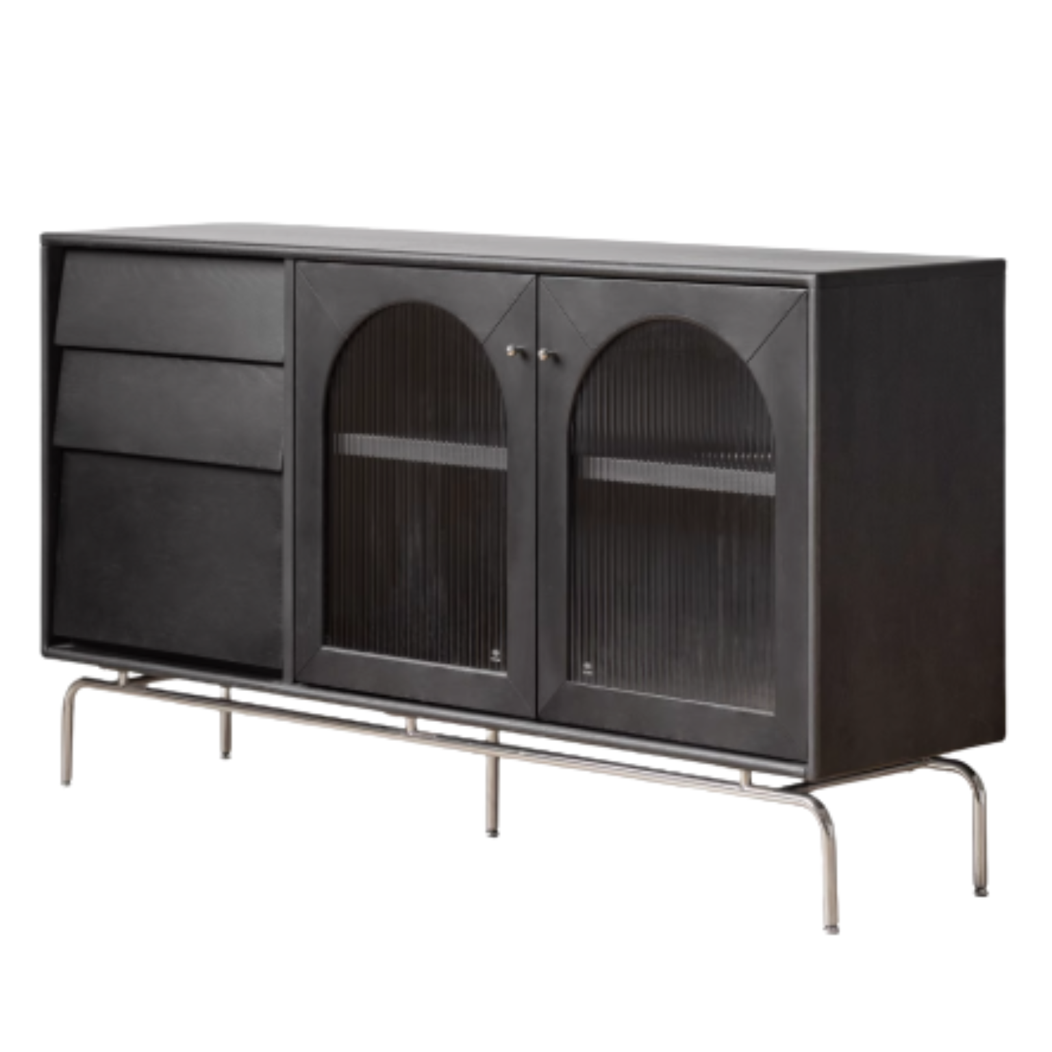 Solid Rubberwood, Oak Solid Wood French Retro Sideboard Black Glass