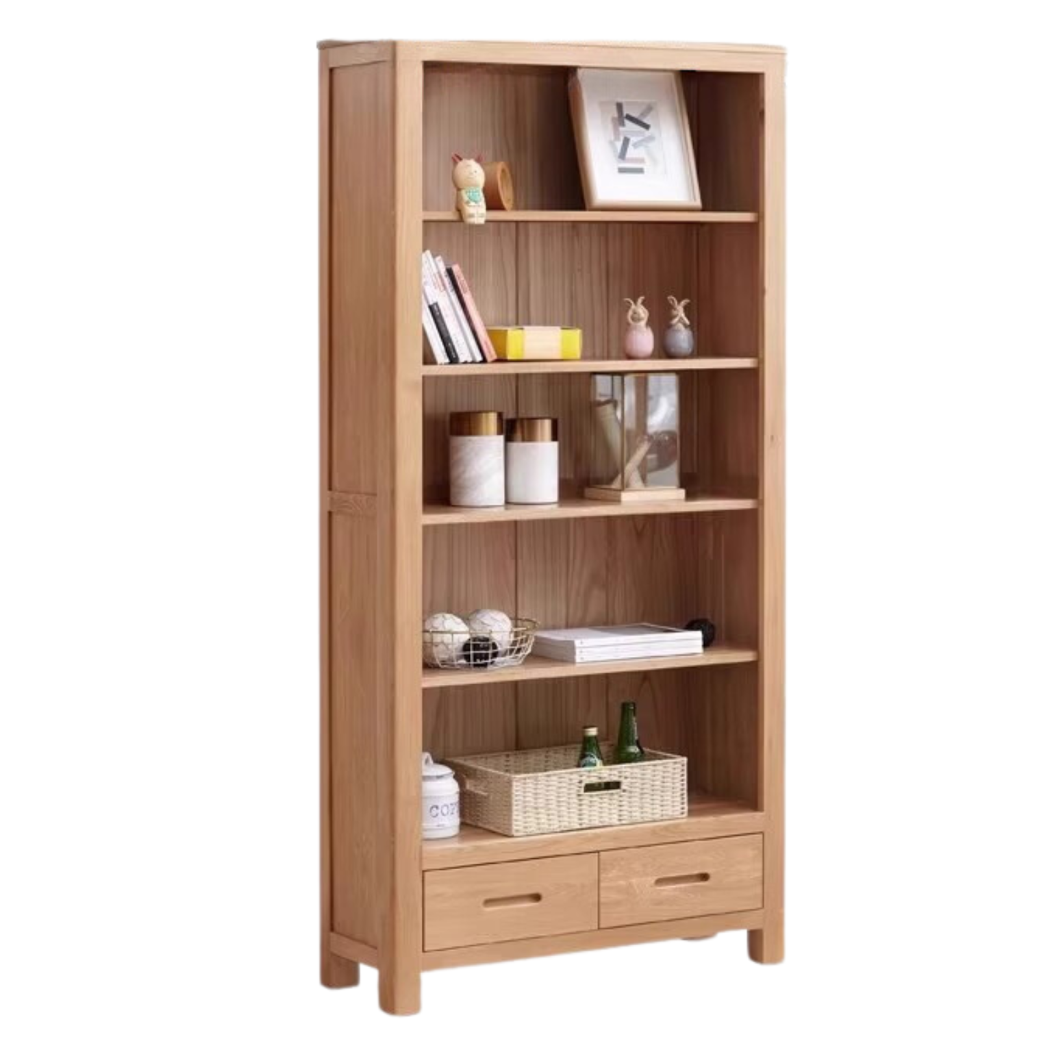 Oak, Rubberwood Solid Wood Drawer Bookcase