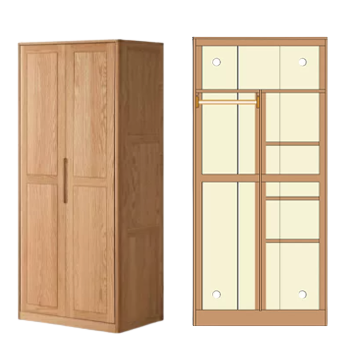 Oak solid wood Wardrobe with Flat Panel Doors and Groove Handles