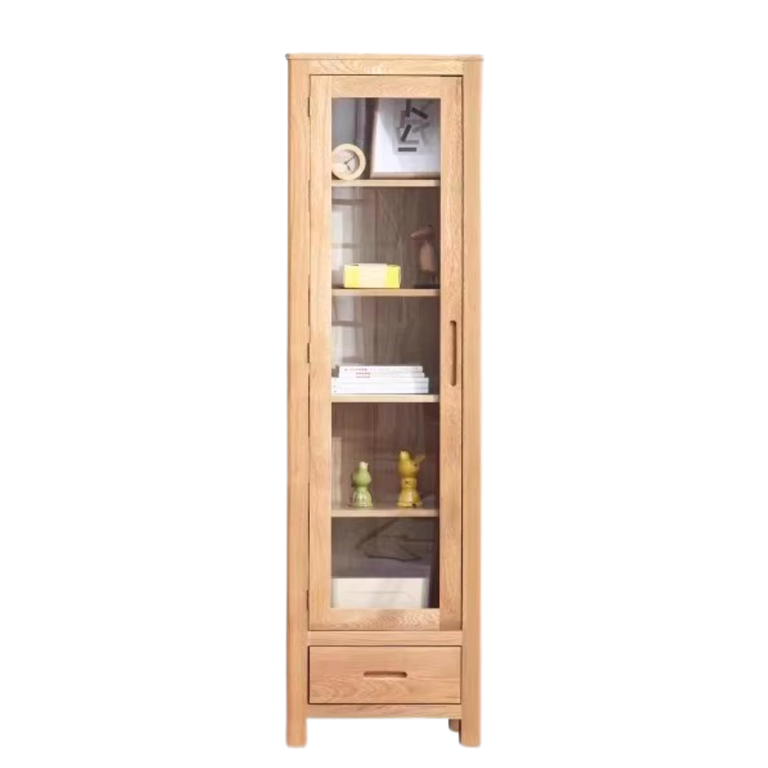 Oak Solid Wood Narrow Bookcase With Doors