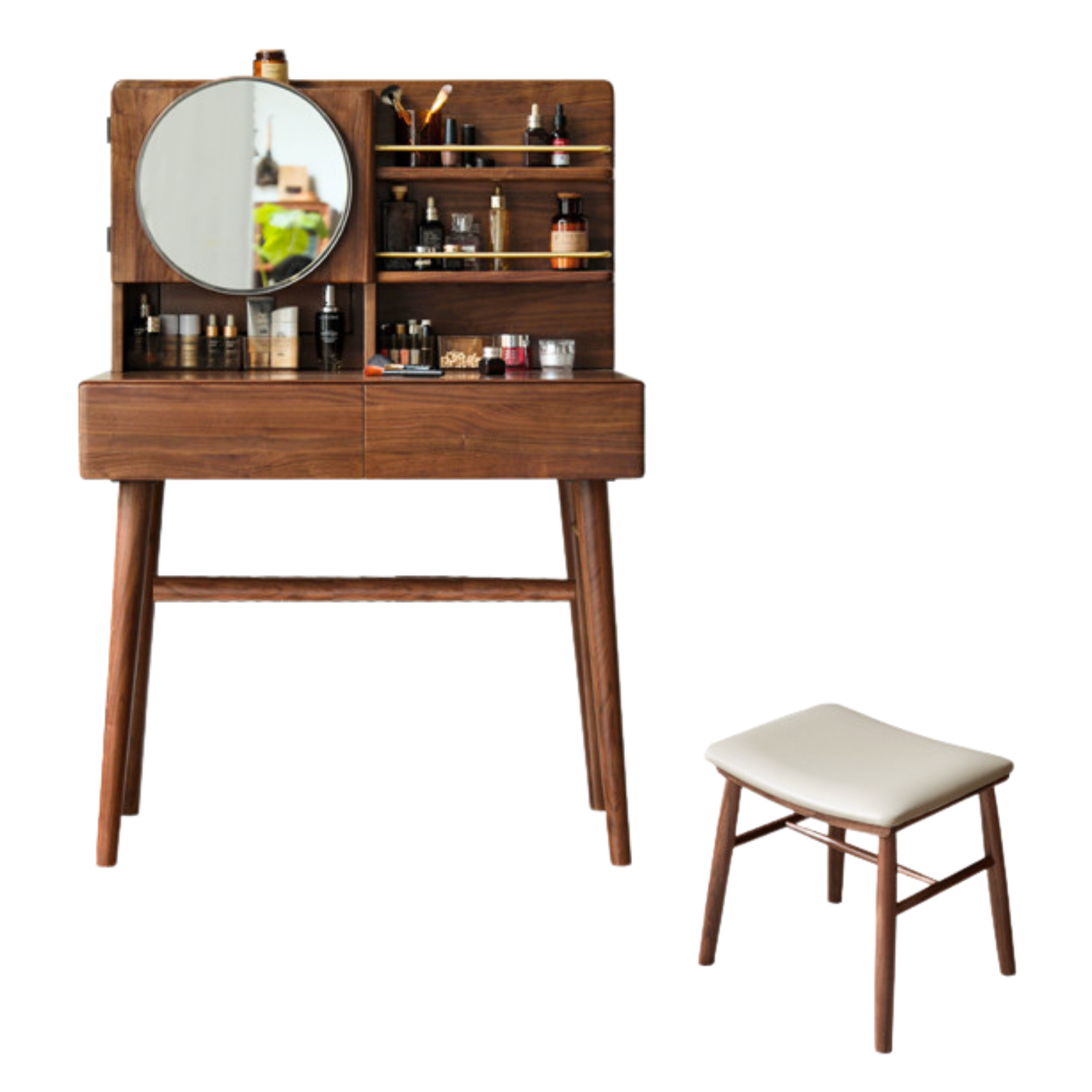 Black Walnut, Sandalwood Solid Wood Moon Makeup Mirror Vanity Table.