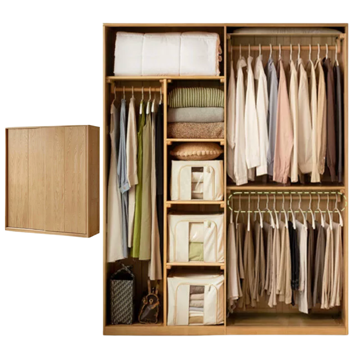 Ash Solid Wood Sliding Door Wardrobe with Built-In Shelves and Drawers