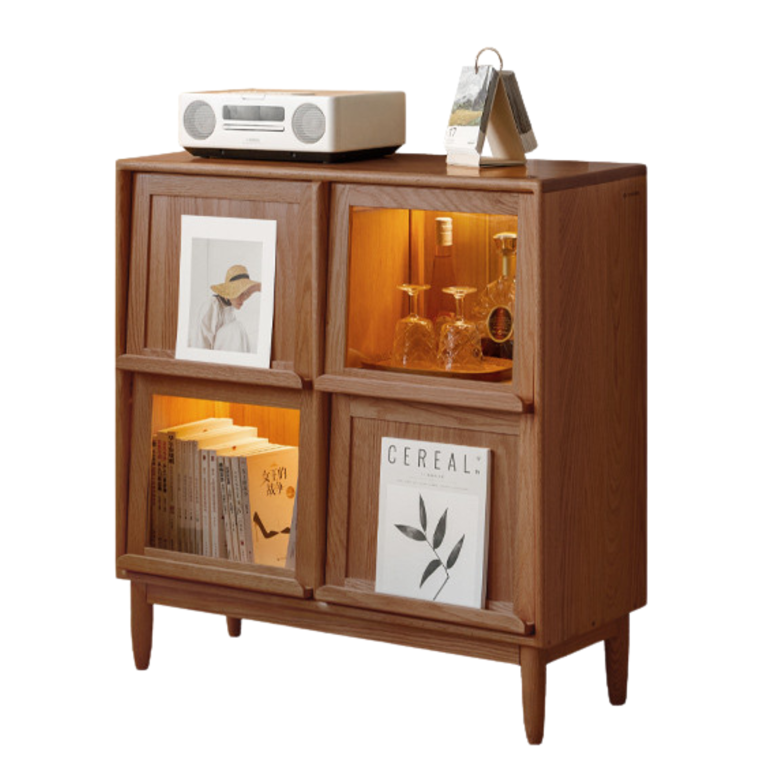 Oak, Сherry Solid Wood Four-Door Bookcase with Light, Magazine Cabinet