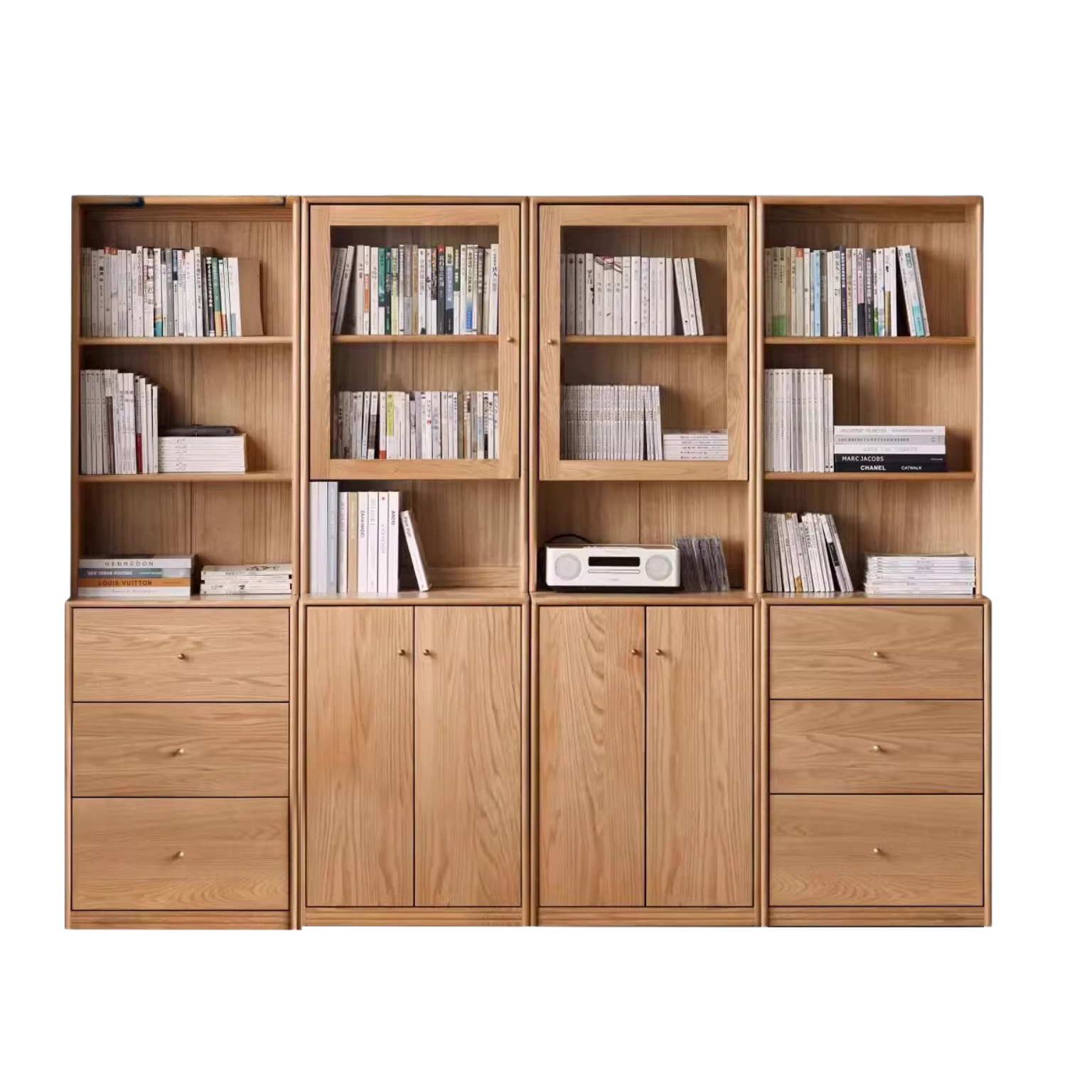 Oak Solid Wood Floor-To-Ceiling Combination Bookshelf, Glass Bookcase
