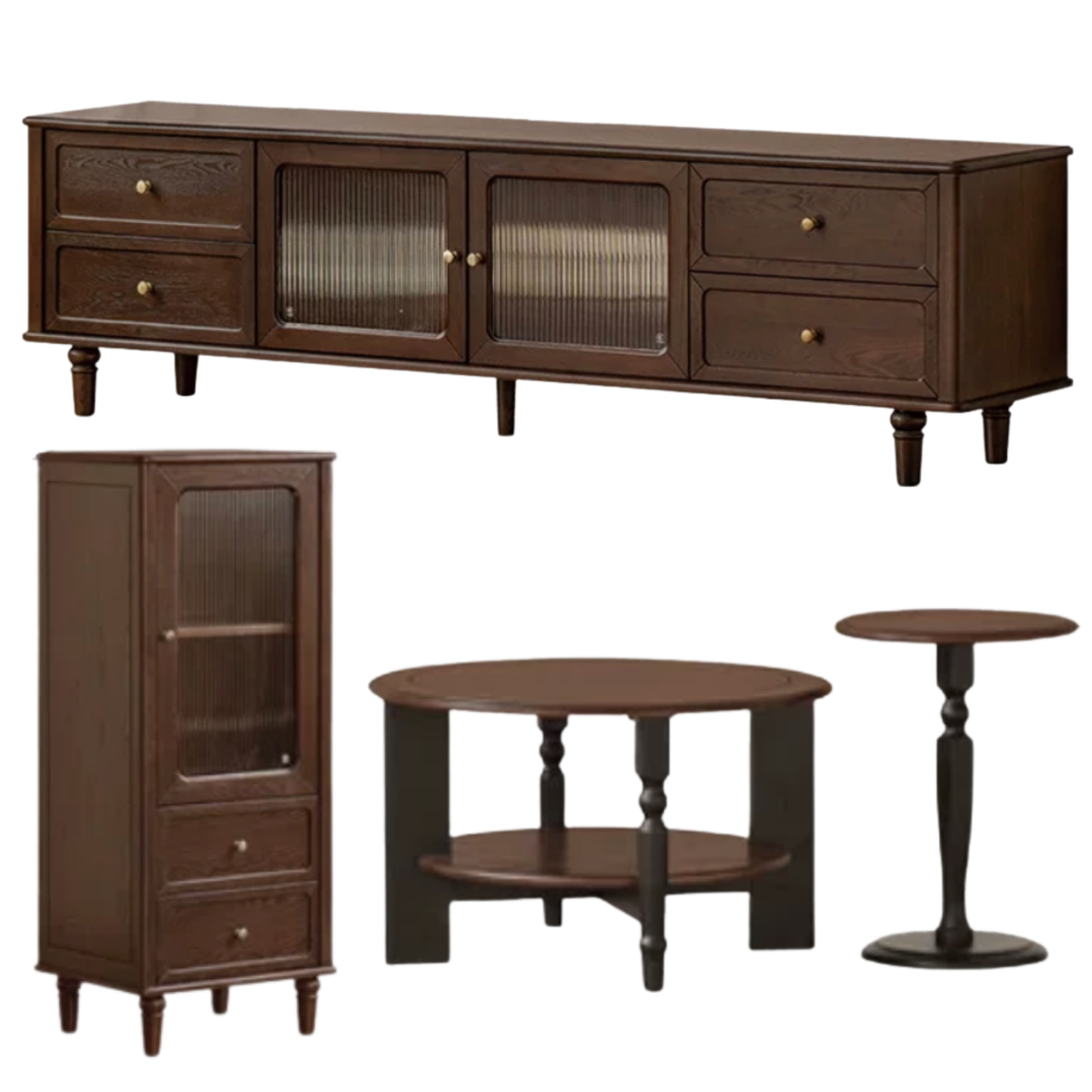 Ash Solid Wood Vintage TV Console with Fluted Glass Doors