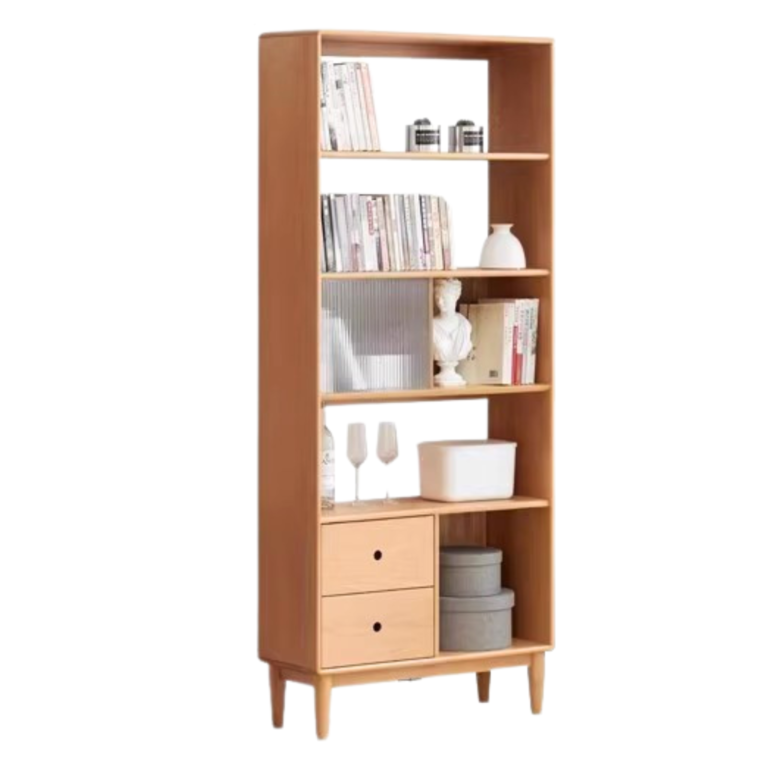 Beech Solid Wood Bookcase with Spacious Cabinet Storage