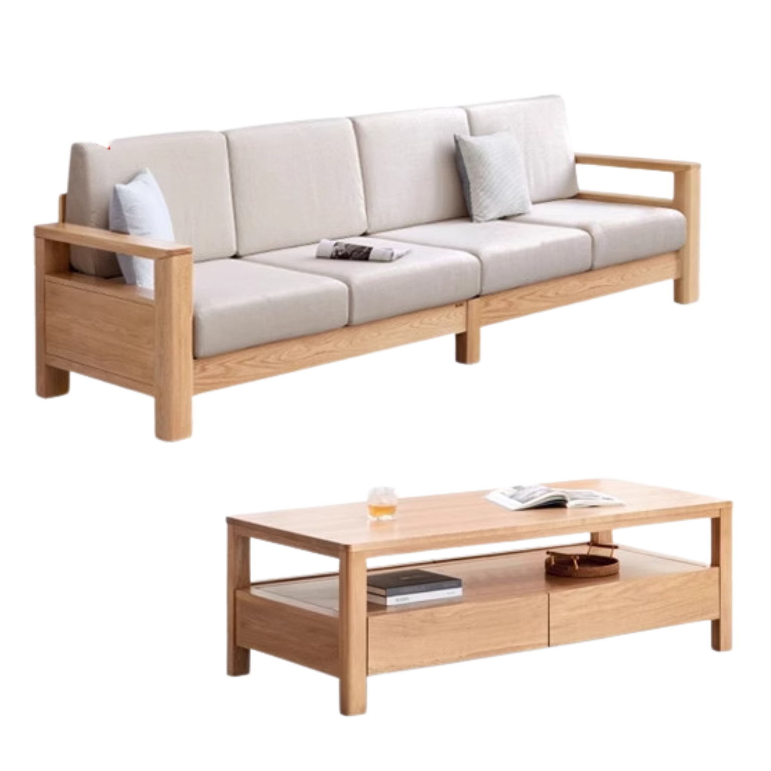 Solid Rubberwood, Oak Solid Wood Cotton Fabric Sofa
