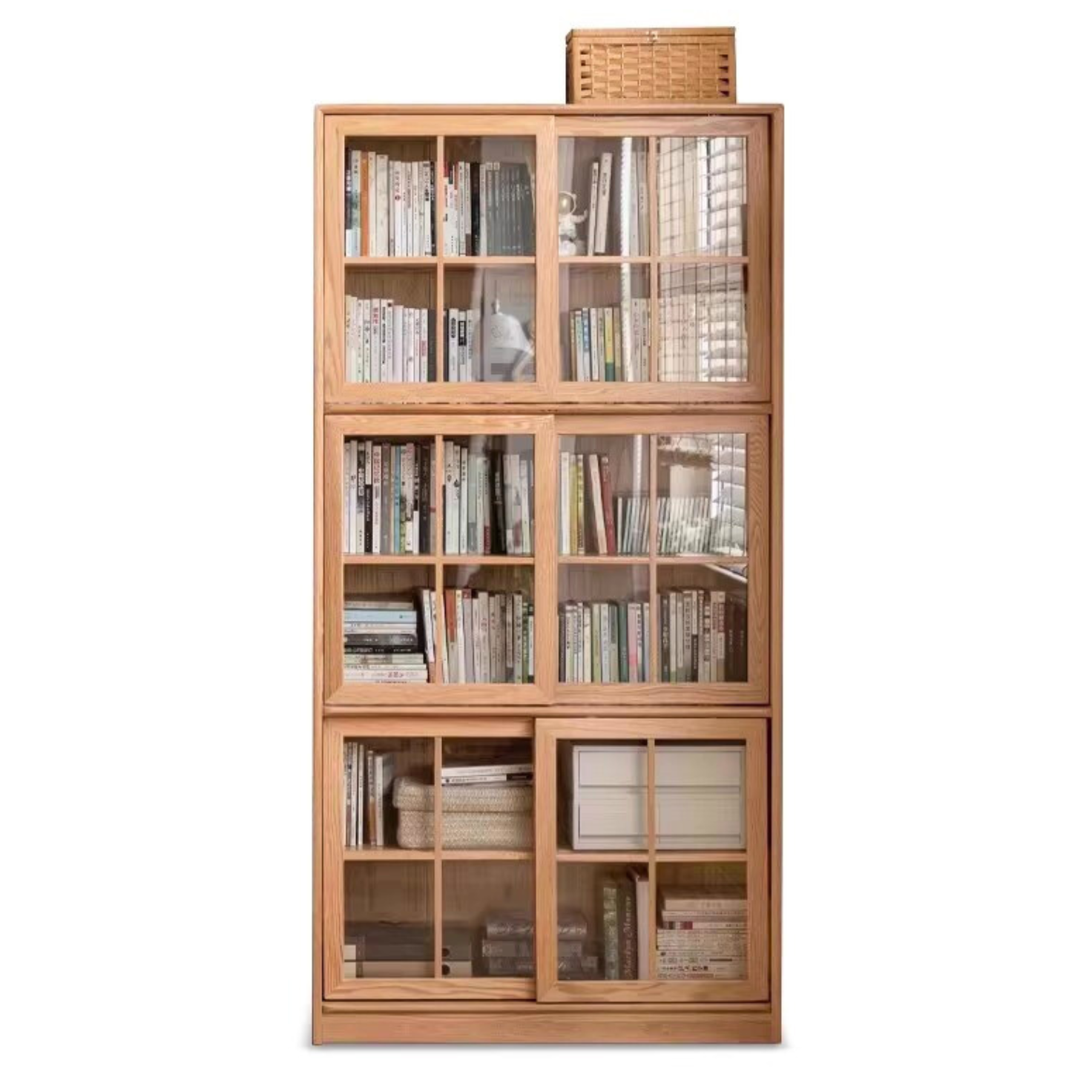 Oak Solid Wood Bookcase Floor to Floor Free Combination Sliding Door