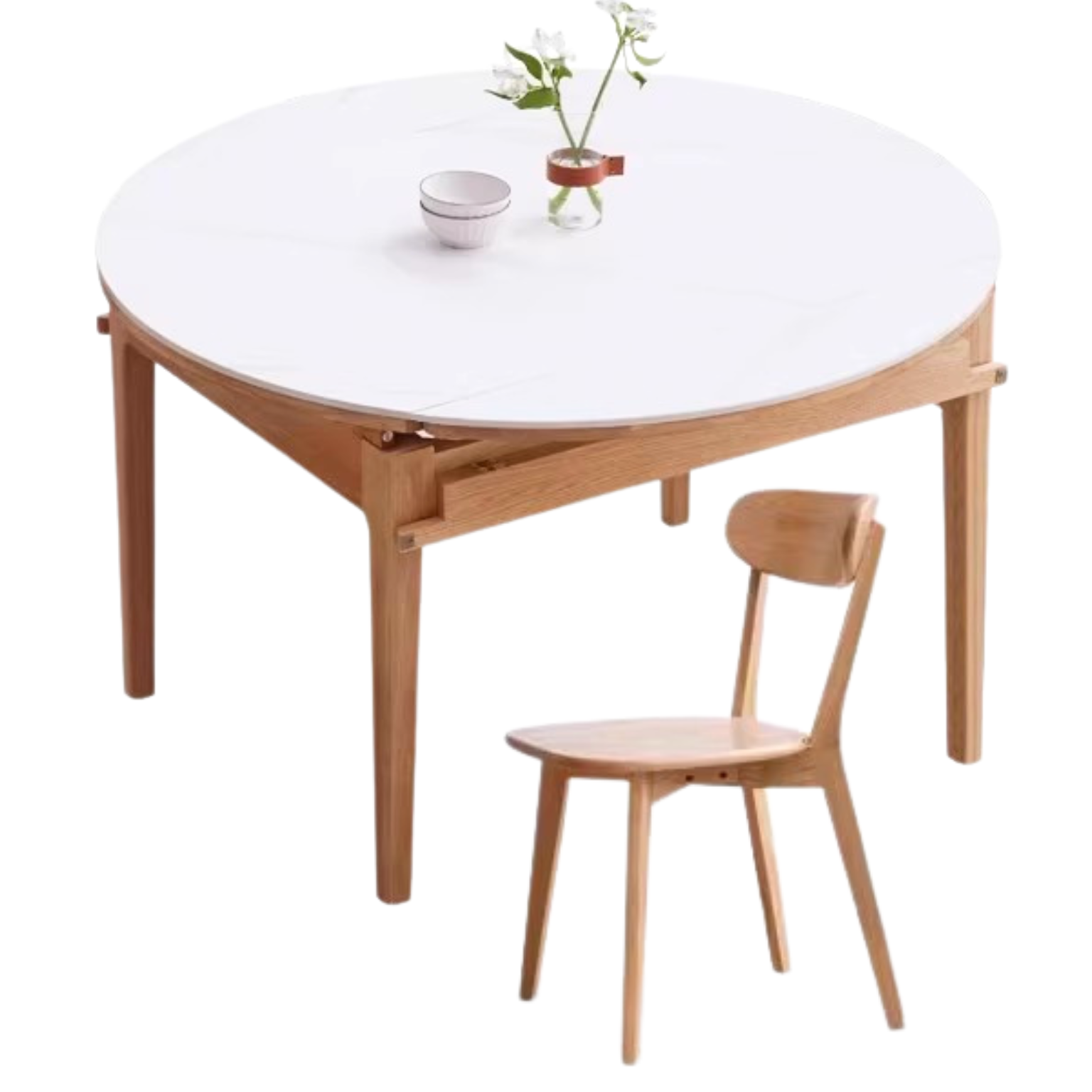 Oak, Solid Rubberwood Round Folding Dining Table With Rock Slab Surface