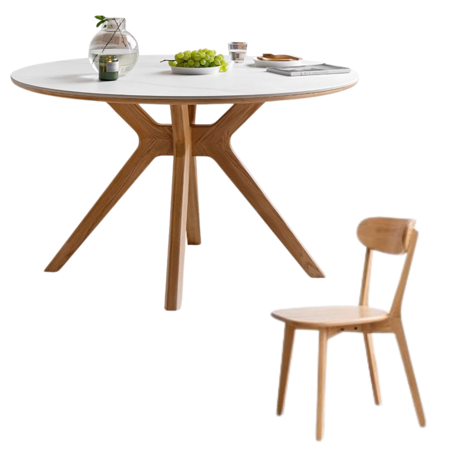 Oak Solid Wood Round Nordic Dining Table With Rock Slab Surface