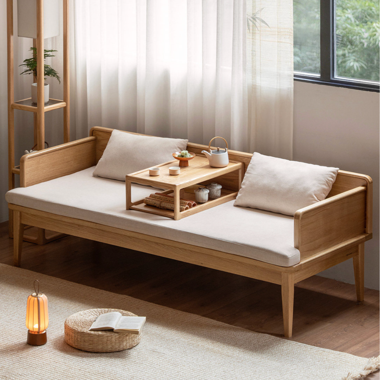 Oak Solid Wood Convertible Sofa Bed with Clean Frame Design