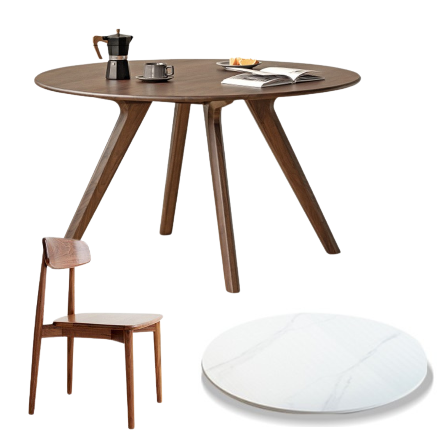 Black Walnut Solid Wood Retro Round Dining Table.