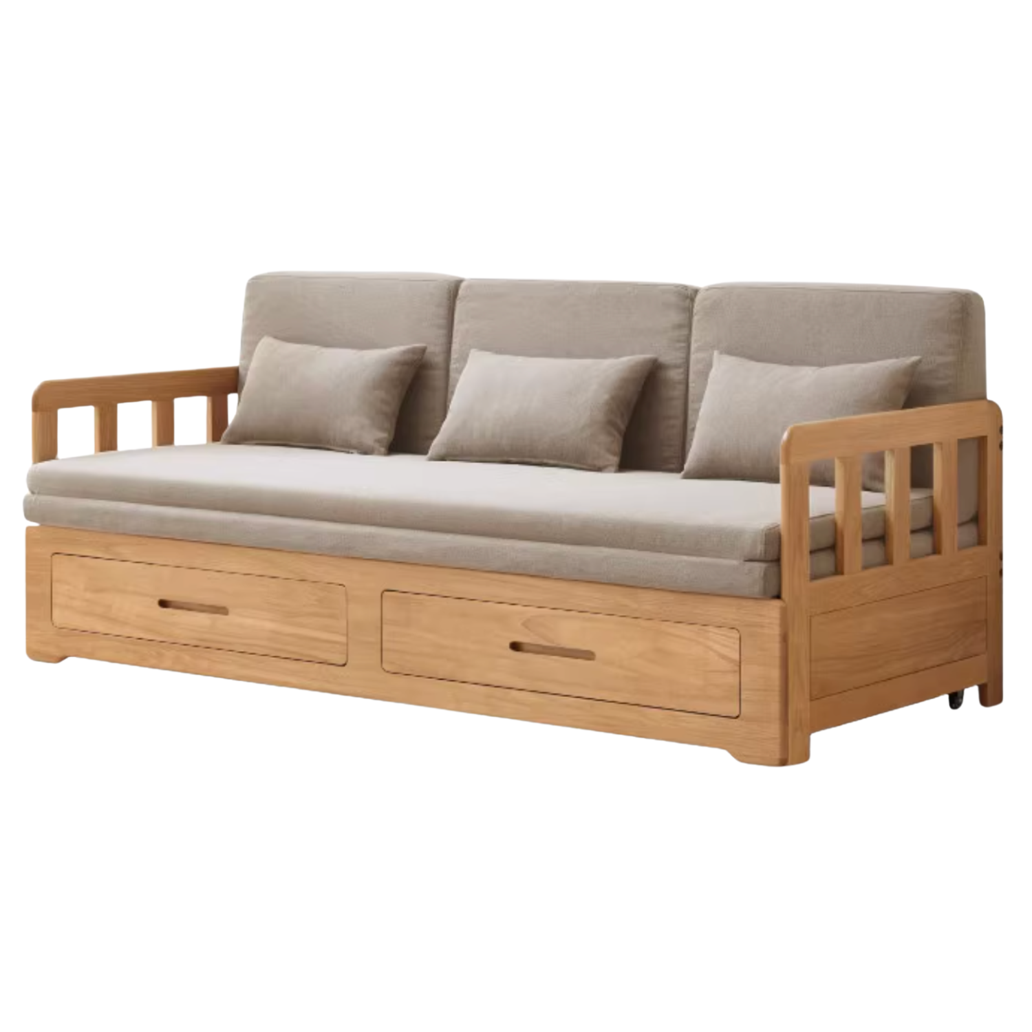 Oak, Solid Rubberwood Sofa Bed Folding Retractable Storage.