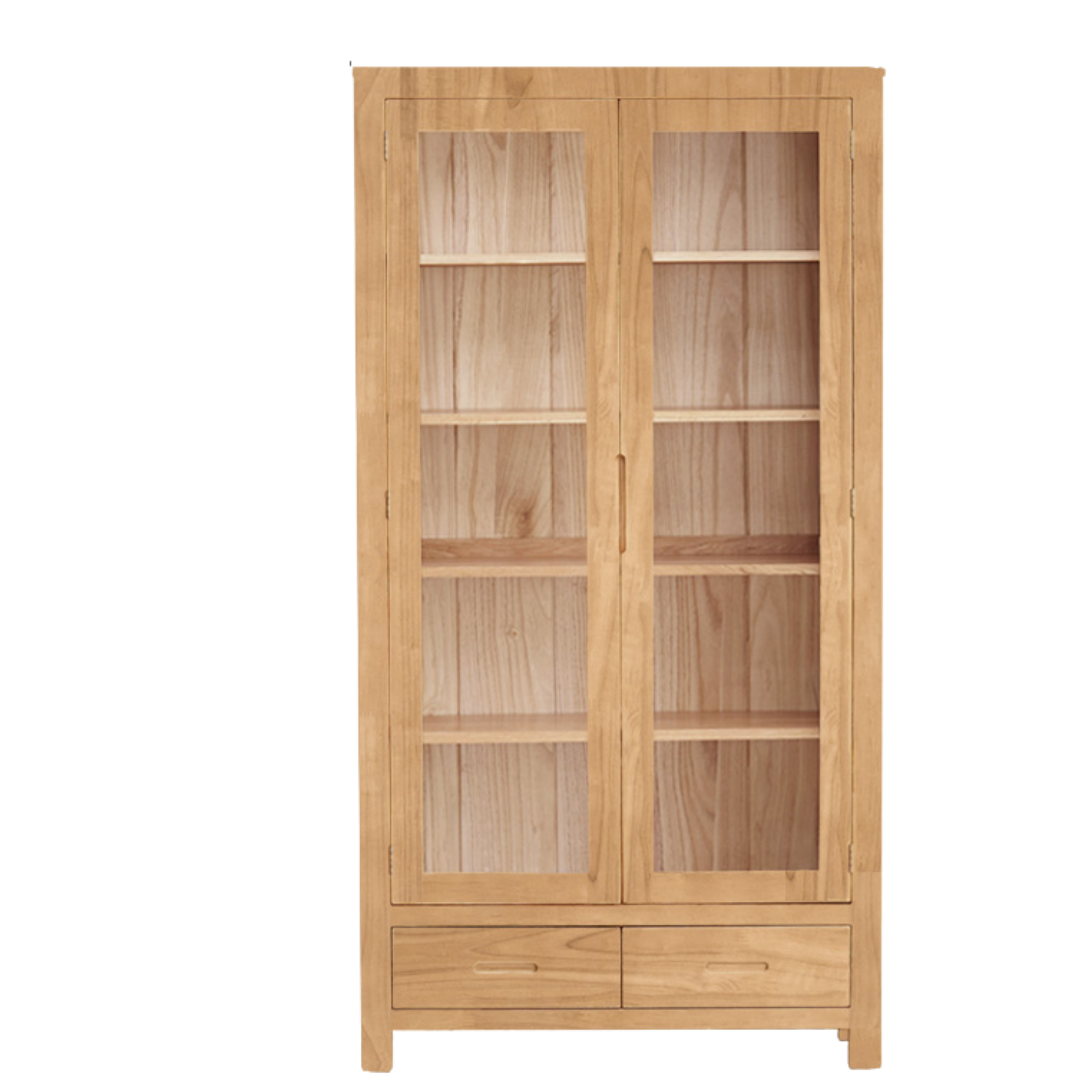 Oak, Solid Rubberwood Modern Bookcase with Glass Door Display Cabinet