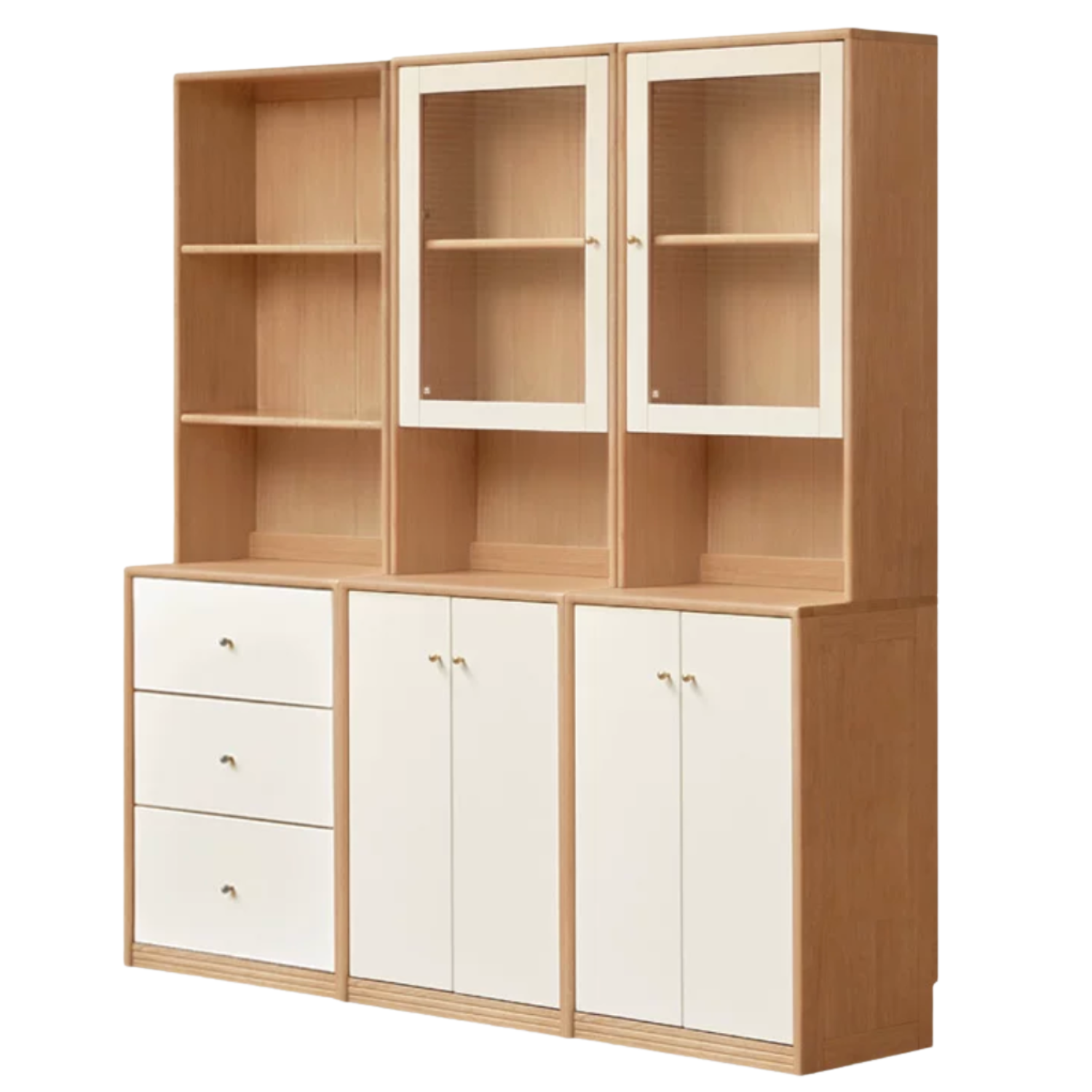 Oak Solid Wood, Solid Rubberwood Modular Glass Door Wall Unit Bookcase with Storage
