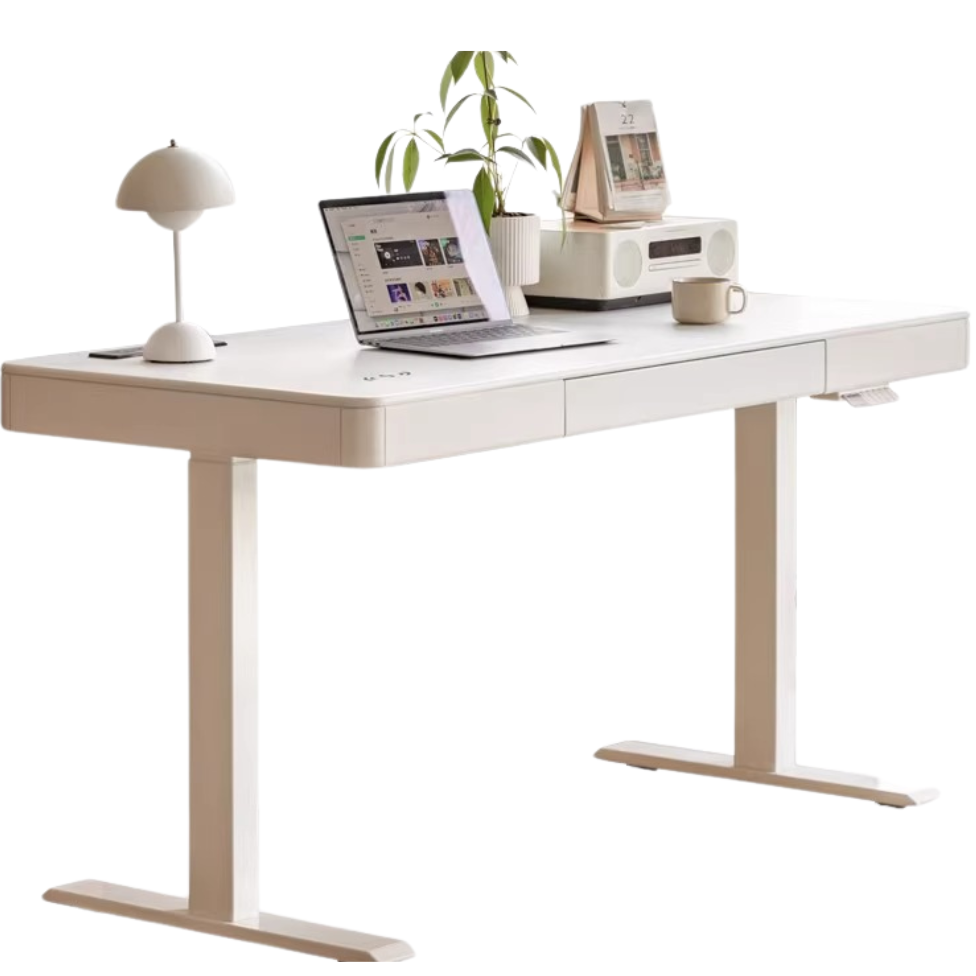 Solid Rubberwood Smart Electric Lift Desk Cream Style