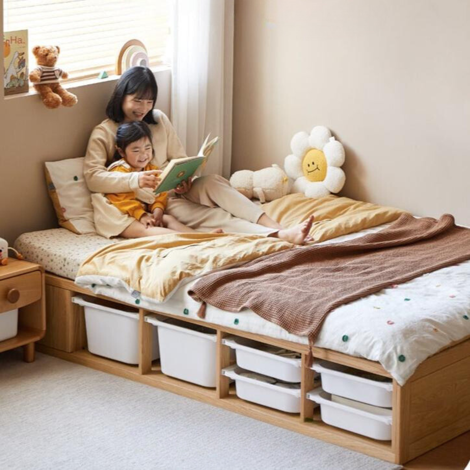 Rubberwood, Oak Solid Wood Children's Box Platform Bed, Headboard-Free Bed