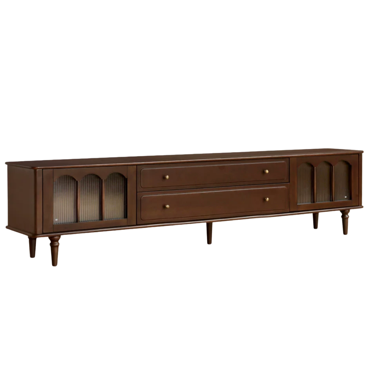 Poplar Solid Wood American Traditional TV Console with Arched Glass Doors and Turned Legs