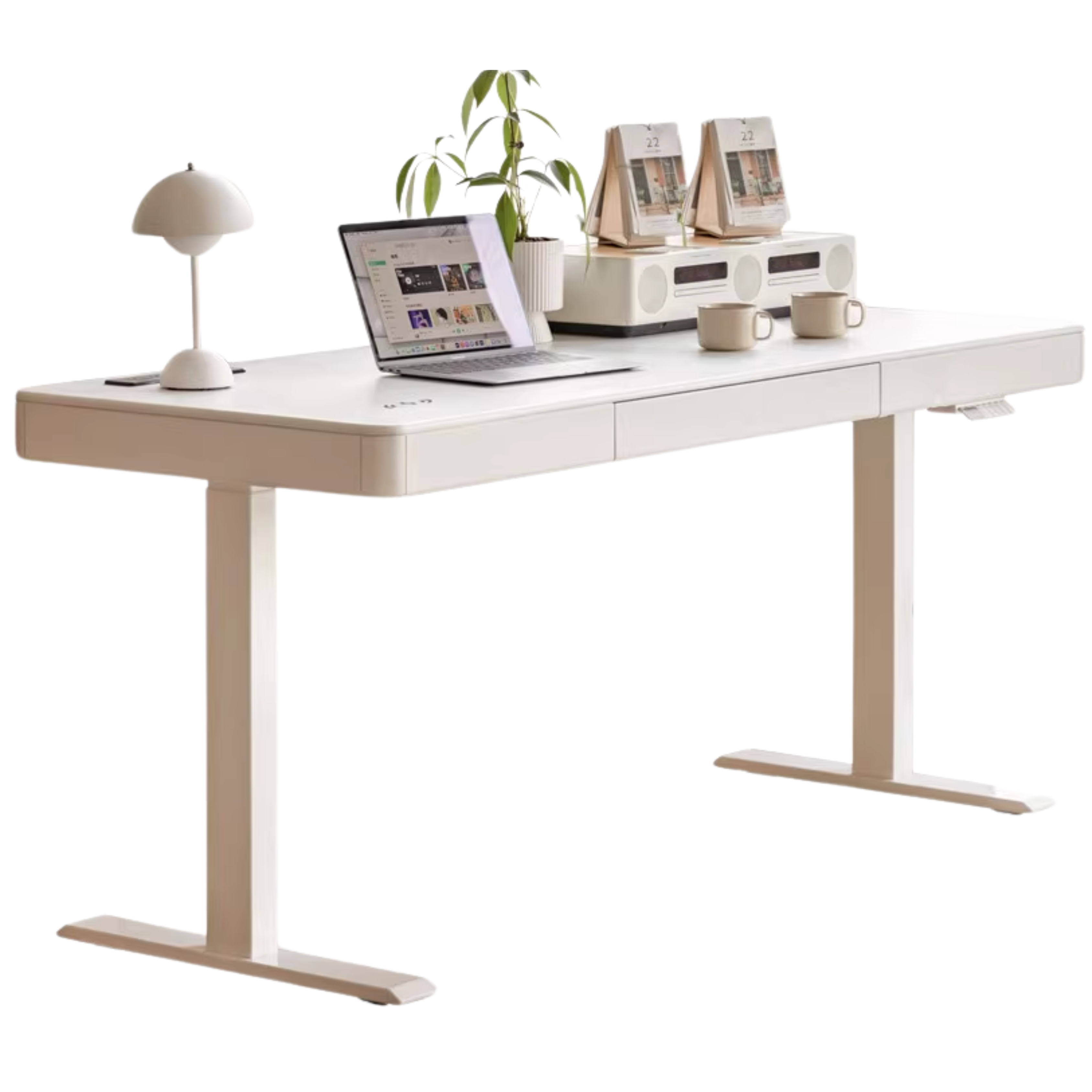 Poplar Solid Wood Smart Electric Lift Desk Cream Style