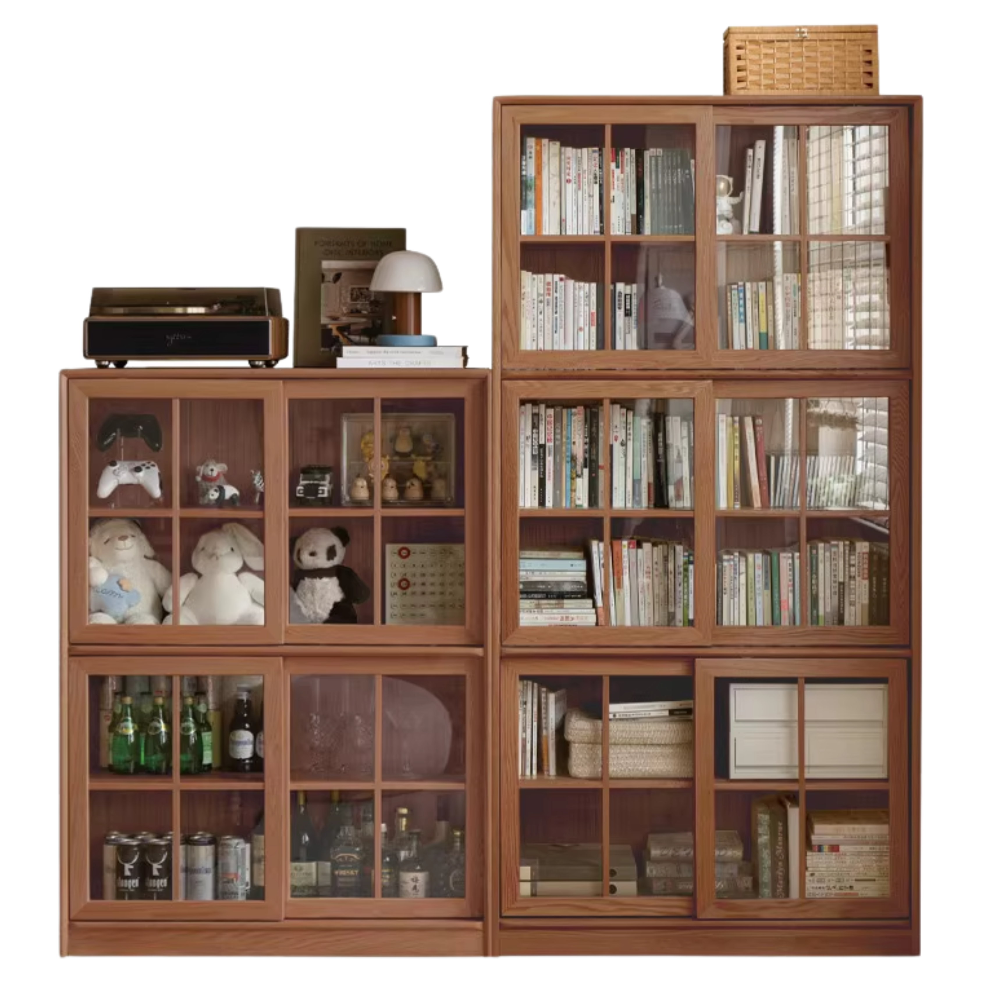 Black Walnut, Oak Solid Wood Sliding Door Bookcase