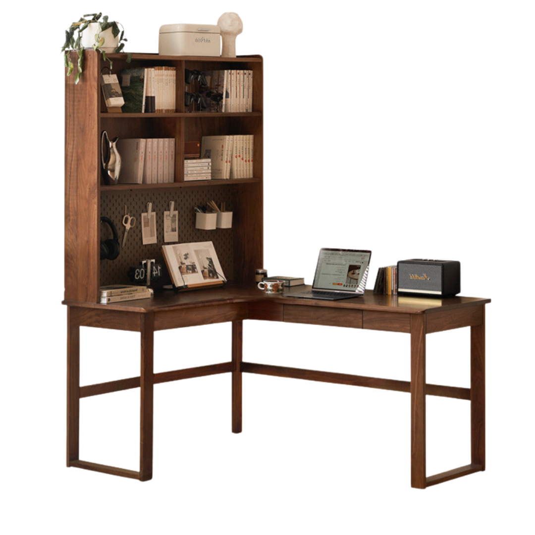 Oak Solid Wood Corner Desk Bookshelf