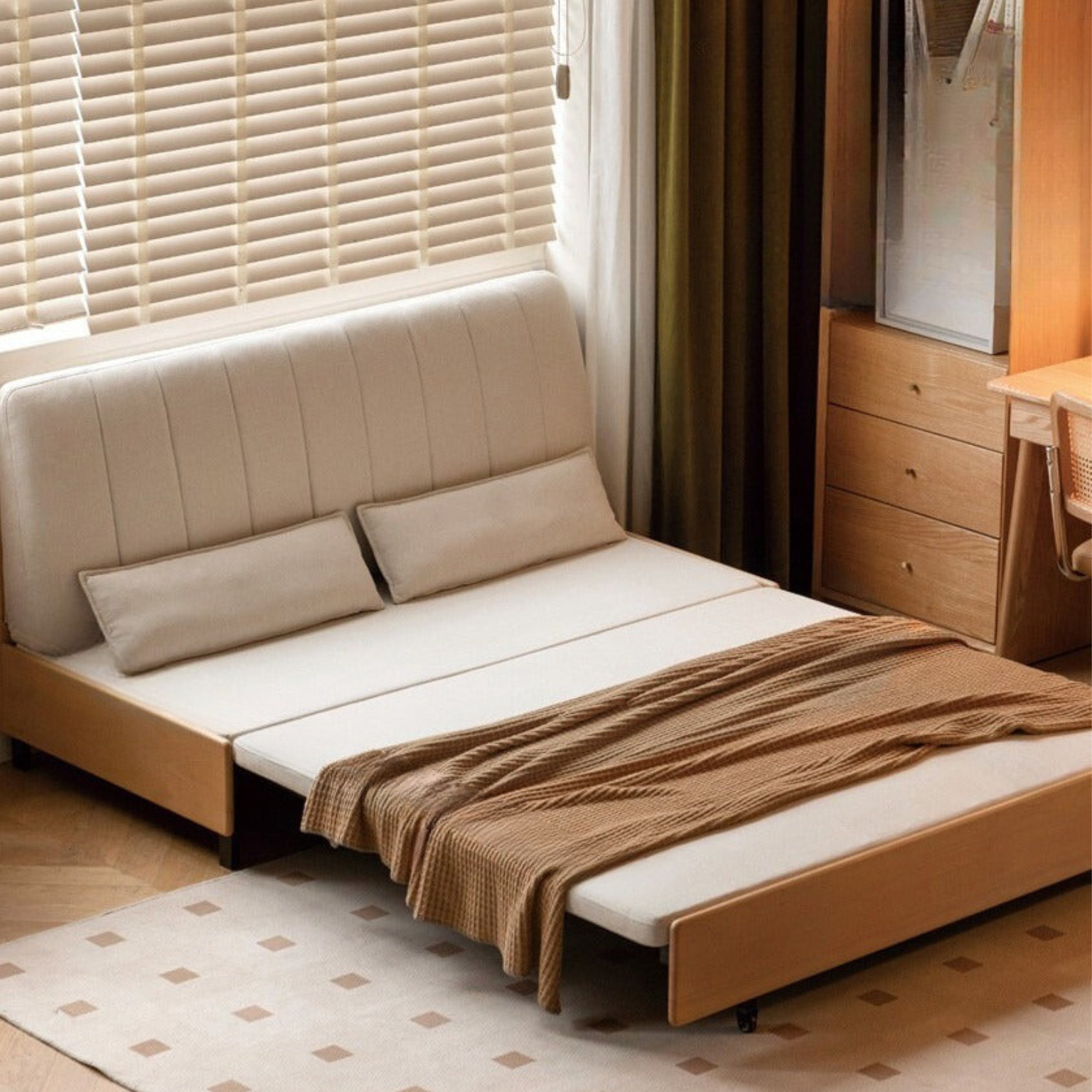 Beech Solid Wood Retractable Fabric Sofa Bed.