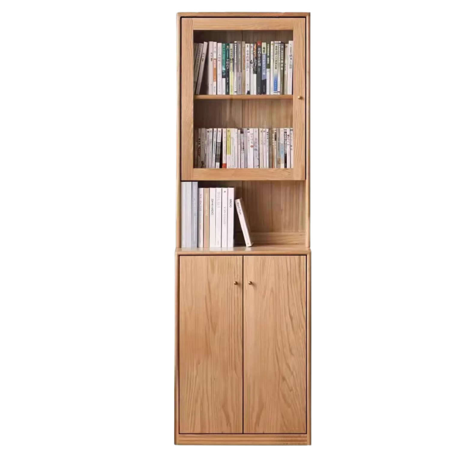 Oak Solid Wood Floor-To-Ceiling Combination Bookshelf, Glass Bookcase