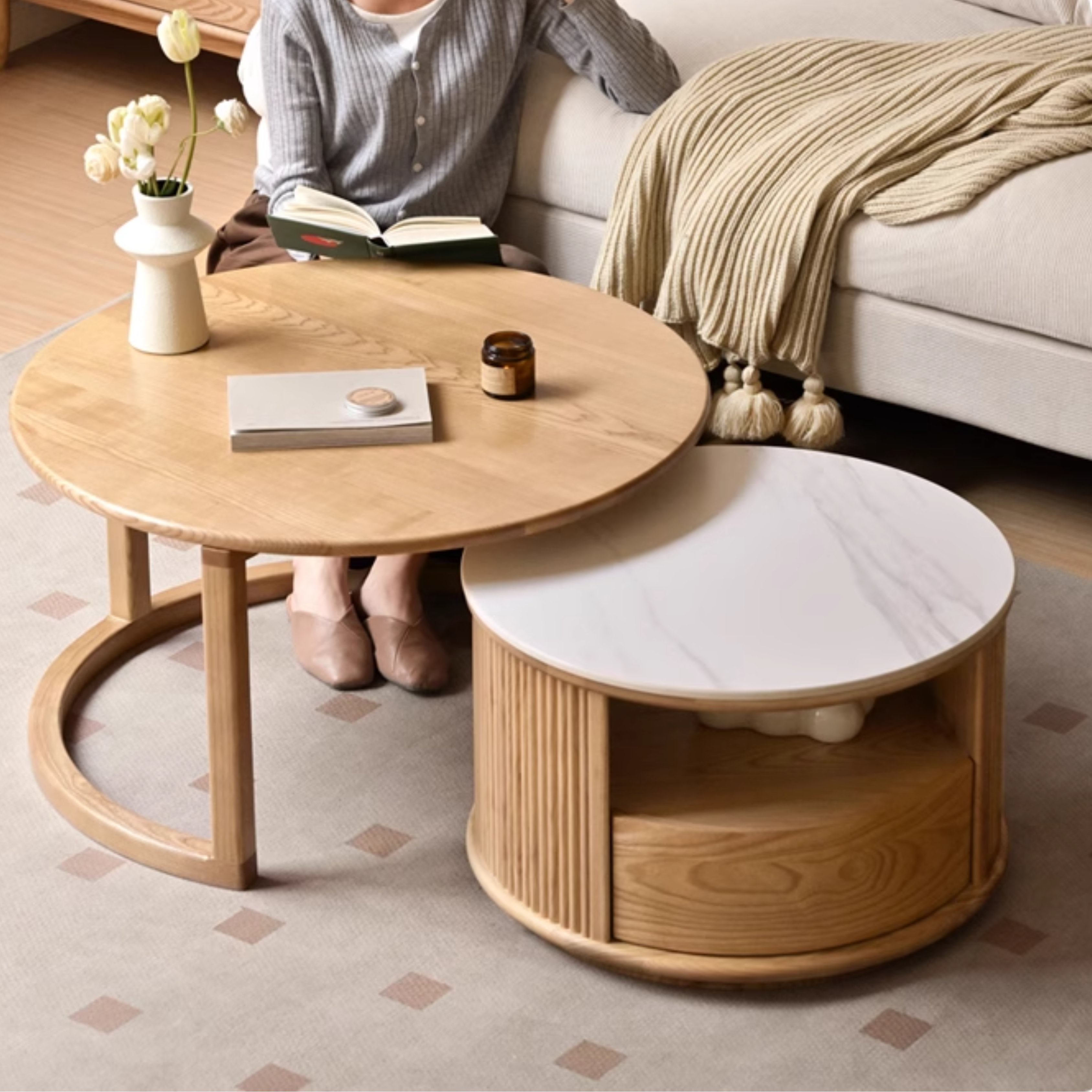 Ash Solid Wood Modern Rock Plate Round Table Coffee